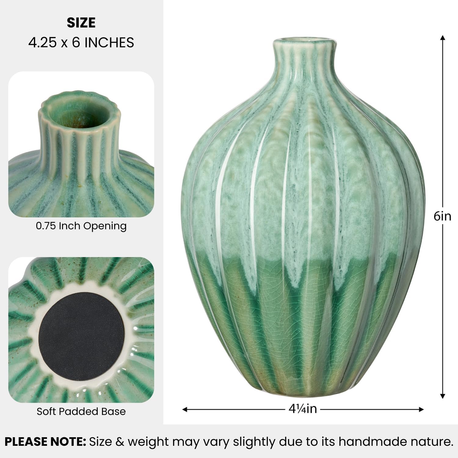 Torre & Tagus 6" Reactive Glaze Ceramic Green Bud Vase - Mint Green Two-Tone Handmade Textured Vases for Home Decor & Flowers as Small Decorative Accents for Coffee Table & Shelf (Allium 6 Inch Vase)