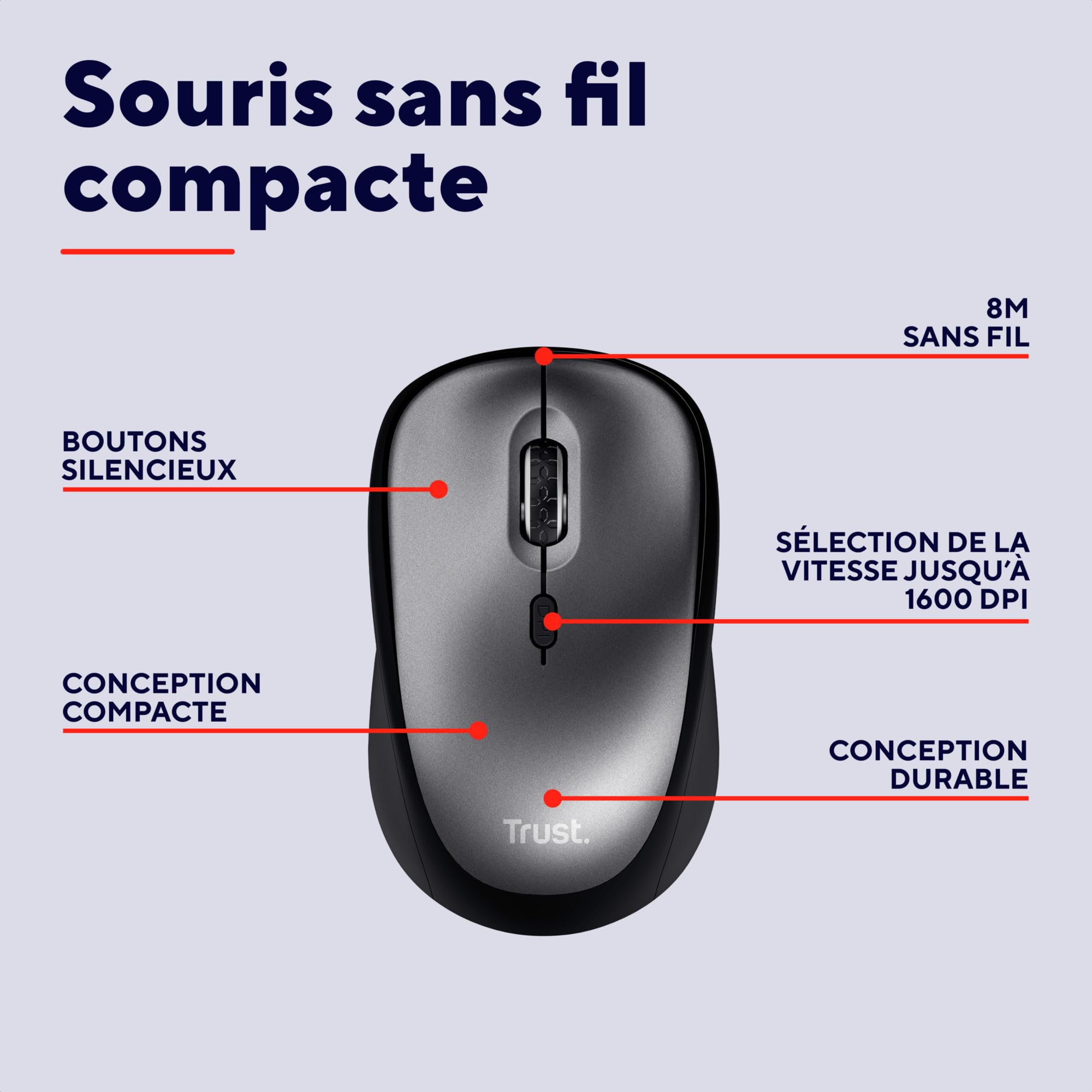 Trust Souris sans Fil Silencieuse 800-1600 DPI Plastique Recyclé Récepteur USB Stockable Compacte pour Ordinateur Portable PC Mac Noir
