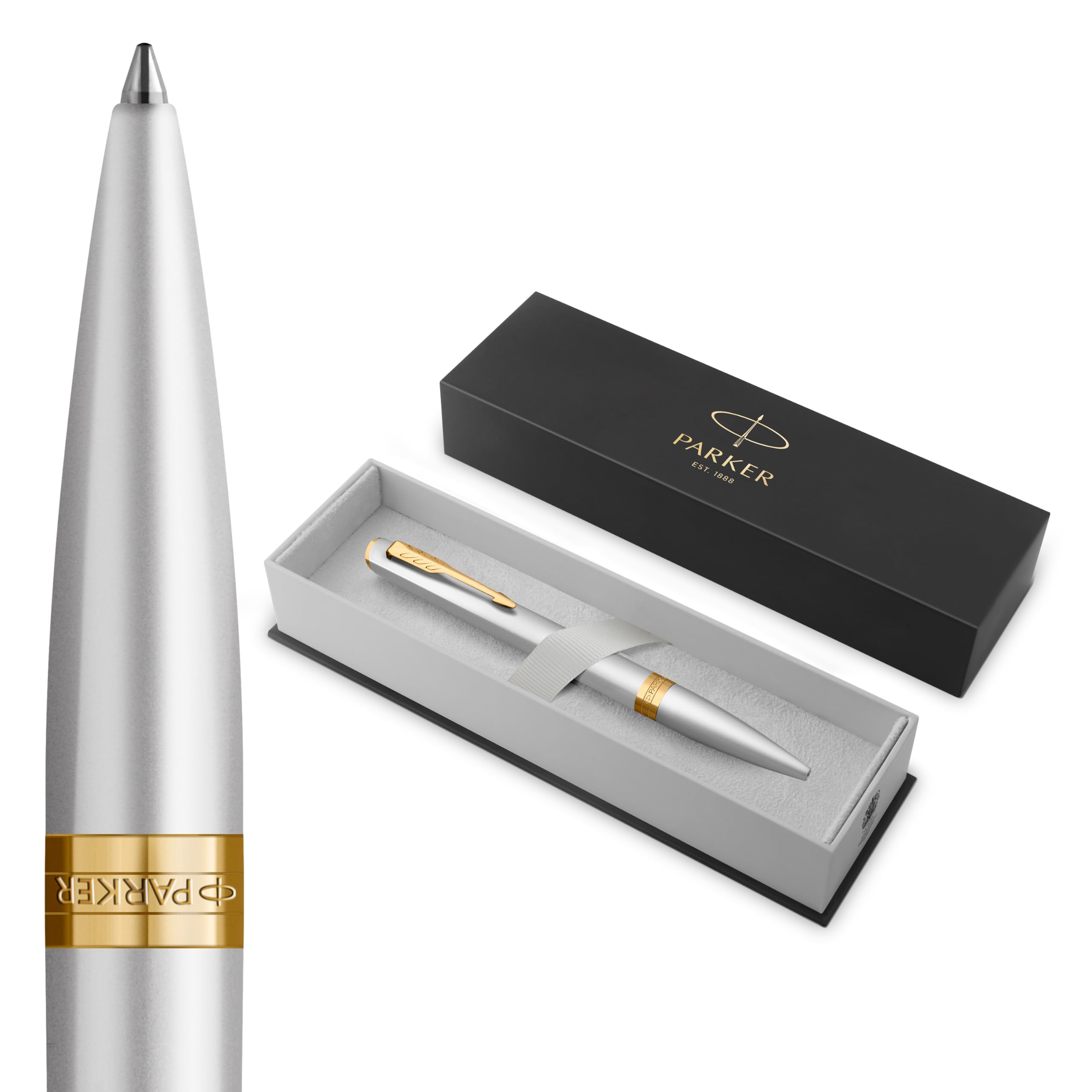 Parker Meridian Stylo à bille | Laque chromée avec garnitures dorées | Plume moyenne | Stylos pour l'écriture et Fournitures de papeterie | Encre bleue | Boîte cadeau de luxe