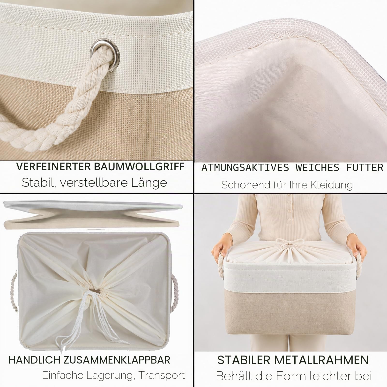 Mangata aufbewahrungskorb Stoff 4er Set, aufbewahrungsbox groß Schrank, Korb aufbewahrung Stoff mit Seil für Spielzeug, kleiderschrank, Regale, Kleidung (Faltbare,XL, Hell Khaki Weiß)