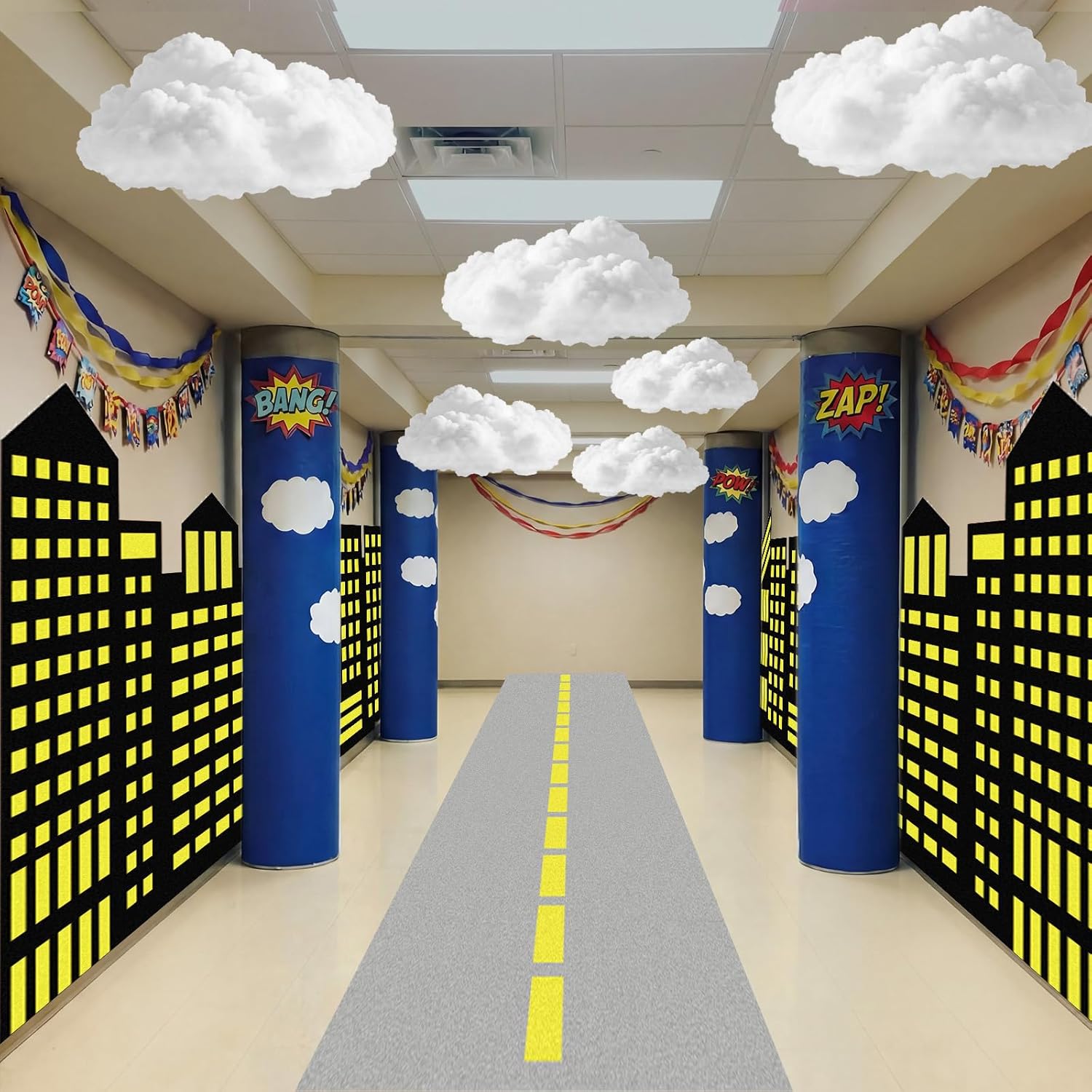 Preboun Hero Theme Party Decorations Skyscraper City 8.2x3.3 ft Backdrop with 9.8x1.3ft Road Rug Fake Clouds Modern City Backdrop Hero Birthday Decor for Hallway Wall Background Photo Props