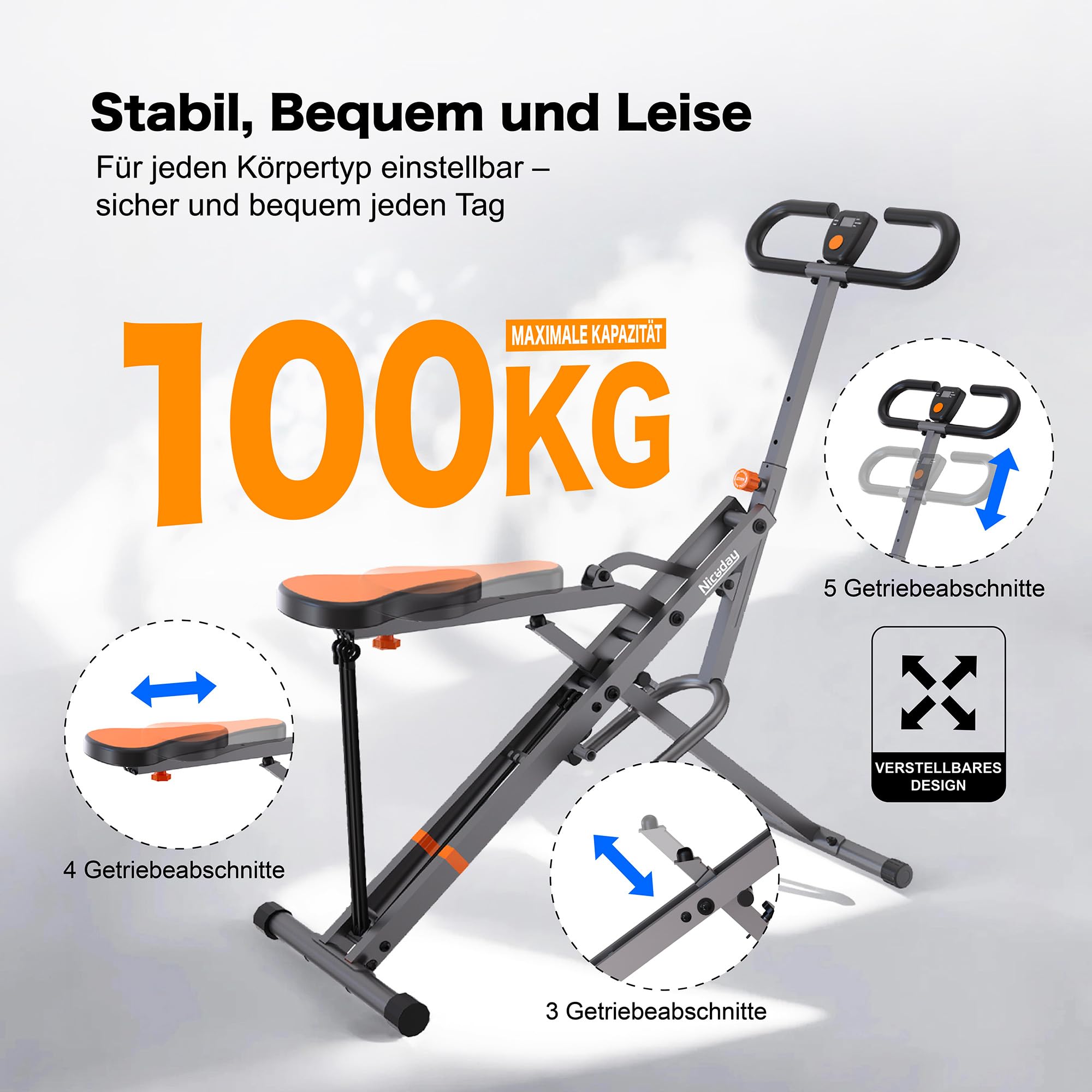 Niceday Squat Maschine für Zuhause – Bauch Beine Po Trainer klappbar & gelenkschonend – Kniebeugen Heimtrainer zum Formen & Straffen – Effektives Ganzkörpertraining – Squat Assist Row Rider