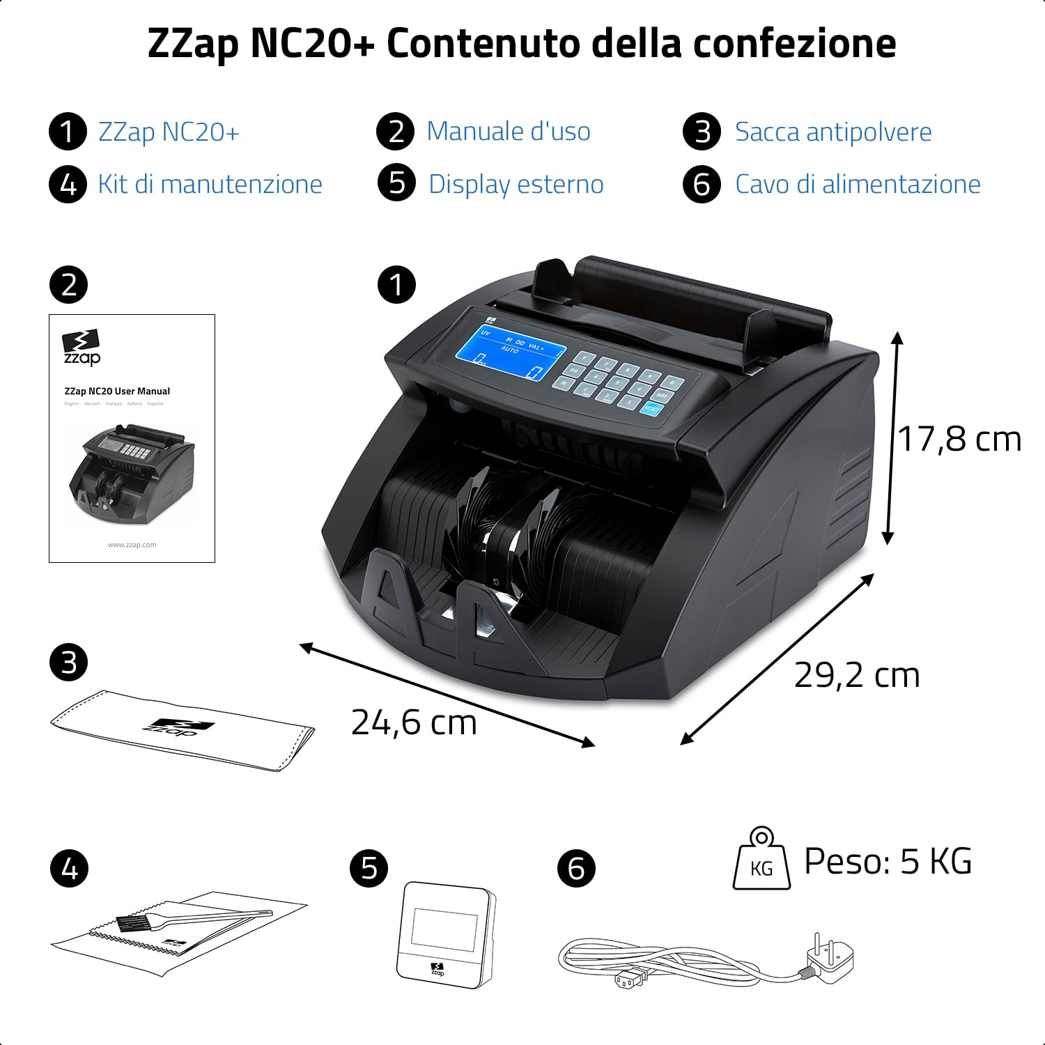 ZZap NC20+ Contabanconote e Verificatore di Banconote False - Conta 1.000 banconote al minuto, conteggio in lotti, rilevamento di banconote false a 4 livelli e molto altro!