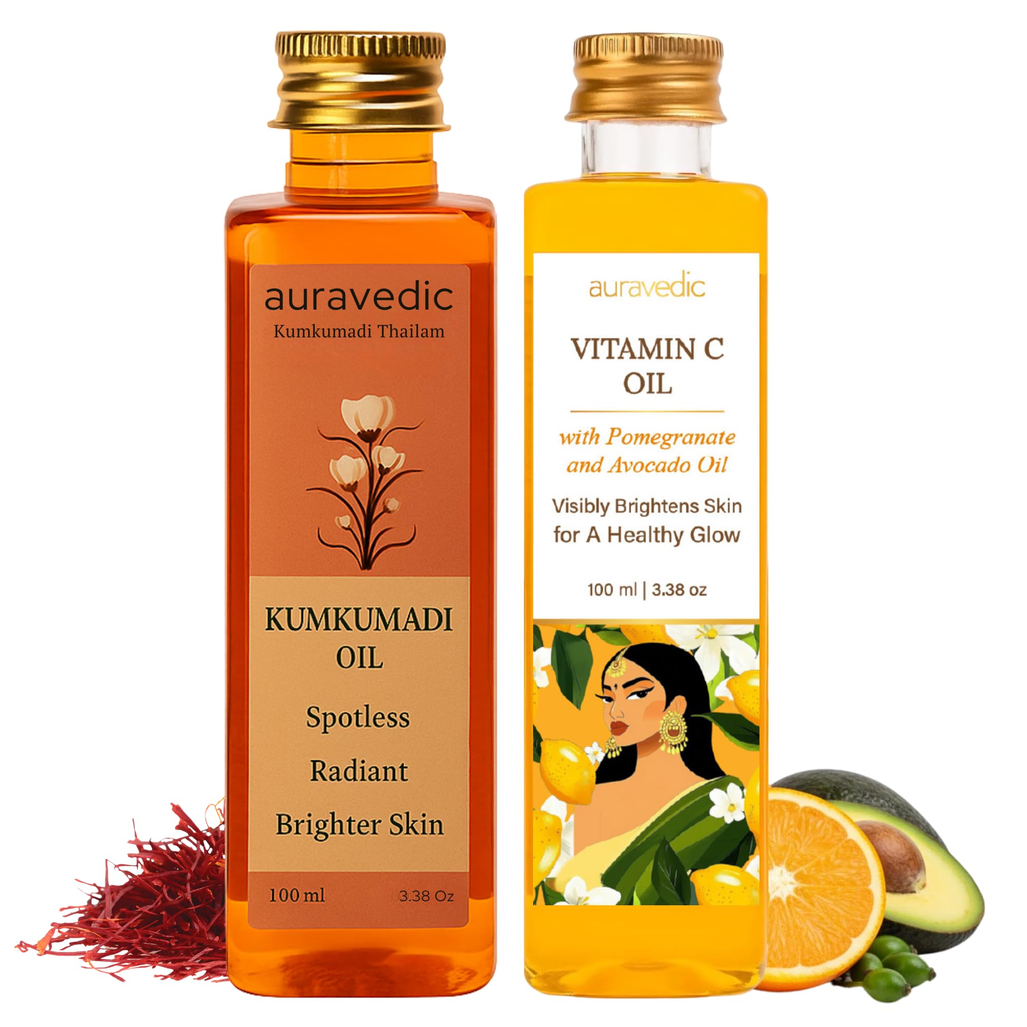 Auravedic Kumkumadi Tailam & Vitamin C Face Oil, Pack of 2 (100ml Each), Glow-Boosting Face & Body Oil With Rosehip For Bright, Radiant Skin, After Bath Daily Use