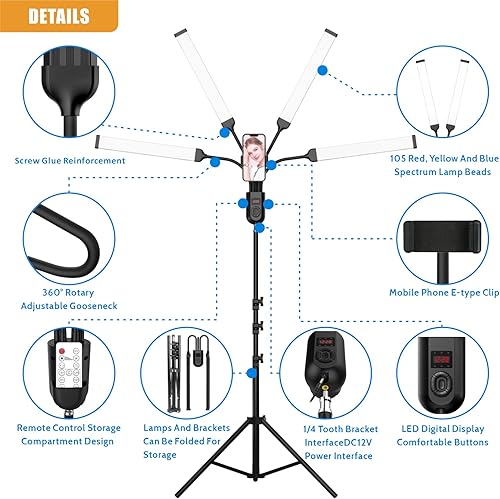 Miniatura 3 de AULSTER Luz de relleno LED con soporte de trípode ajustable y clip para teléfono, 4 tubos de 11 niveles regulables con cuello de cisne de 360, luz