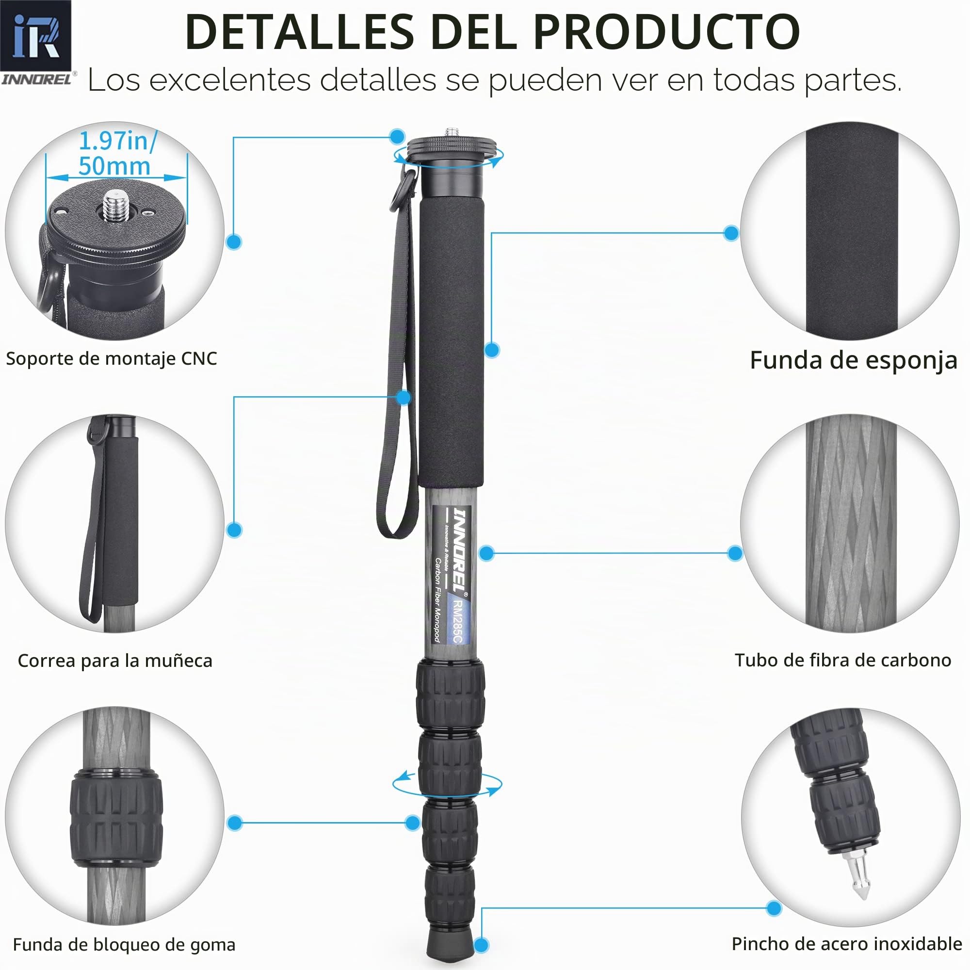Monopie de cámara de fibra de carbono INNOREL RM285C profesional portátil compacto ligero viaje monopie de 5 secciones para Canon Nikon Sony DSLR cámara videocámara DV soporte de fotografía carga 10kg