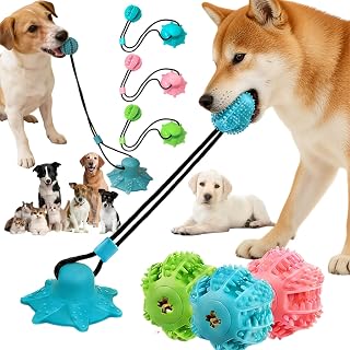 犬 噛むおもちゃ 犬用知育玩具 歯磨きおもちゃ おやつ入りボール 餌入れ付き 犬用歯ブラシ 訓練玩具 吸盤付き 一人遊び 耐久ラバー素材 ストレス解消 留守番対策 運動不足解消 小型犬 中型犬 大型犬 (5.5cm,ブルー)