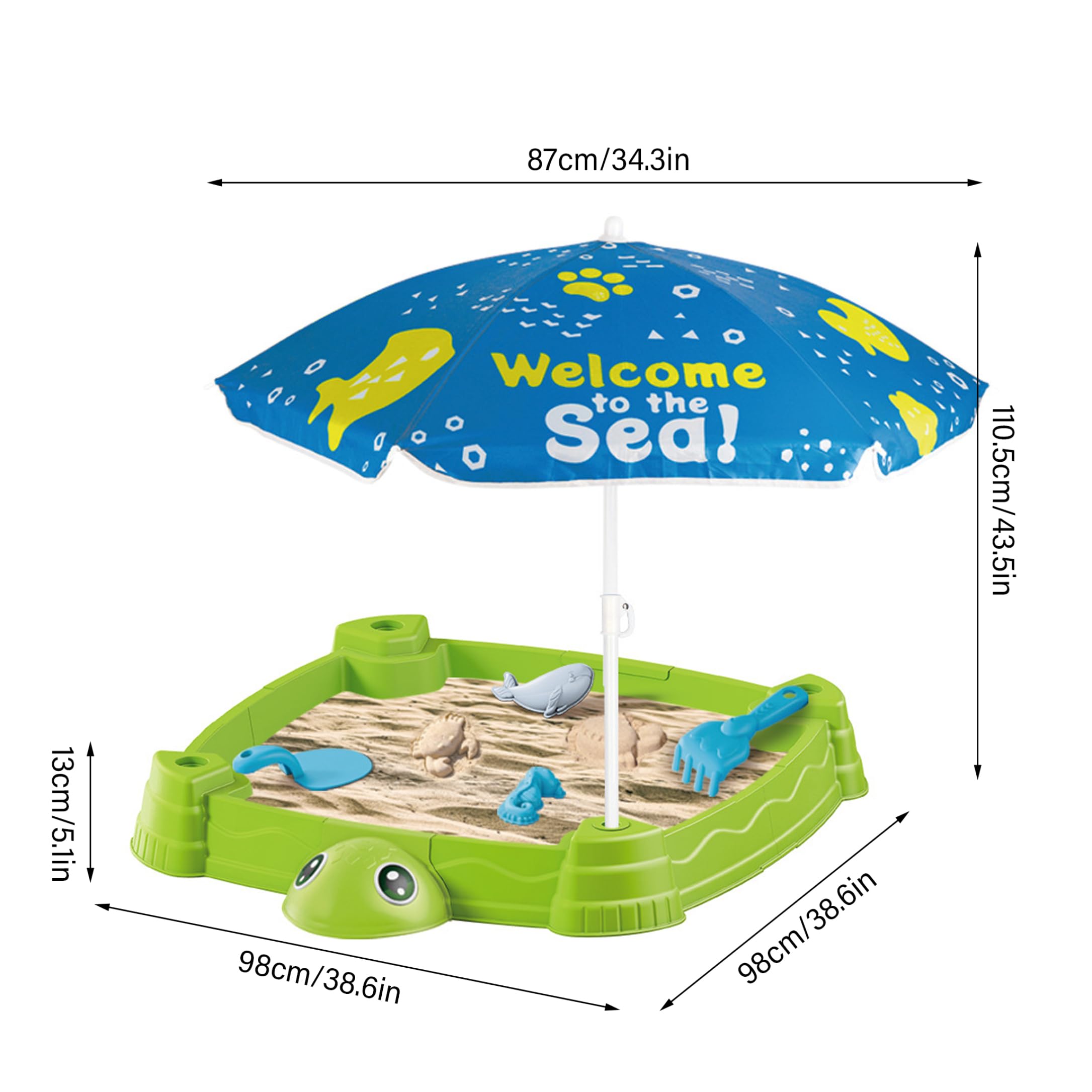 Wassertisch mit Regenschirm, Wasser- und Sandtisch in Schildkrötenform, Sandkasten zum Spielen im Freien mit Deckel für Kleinkinder