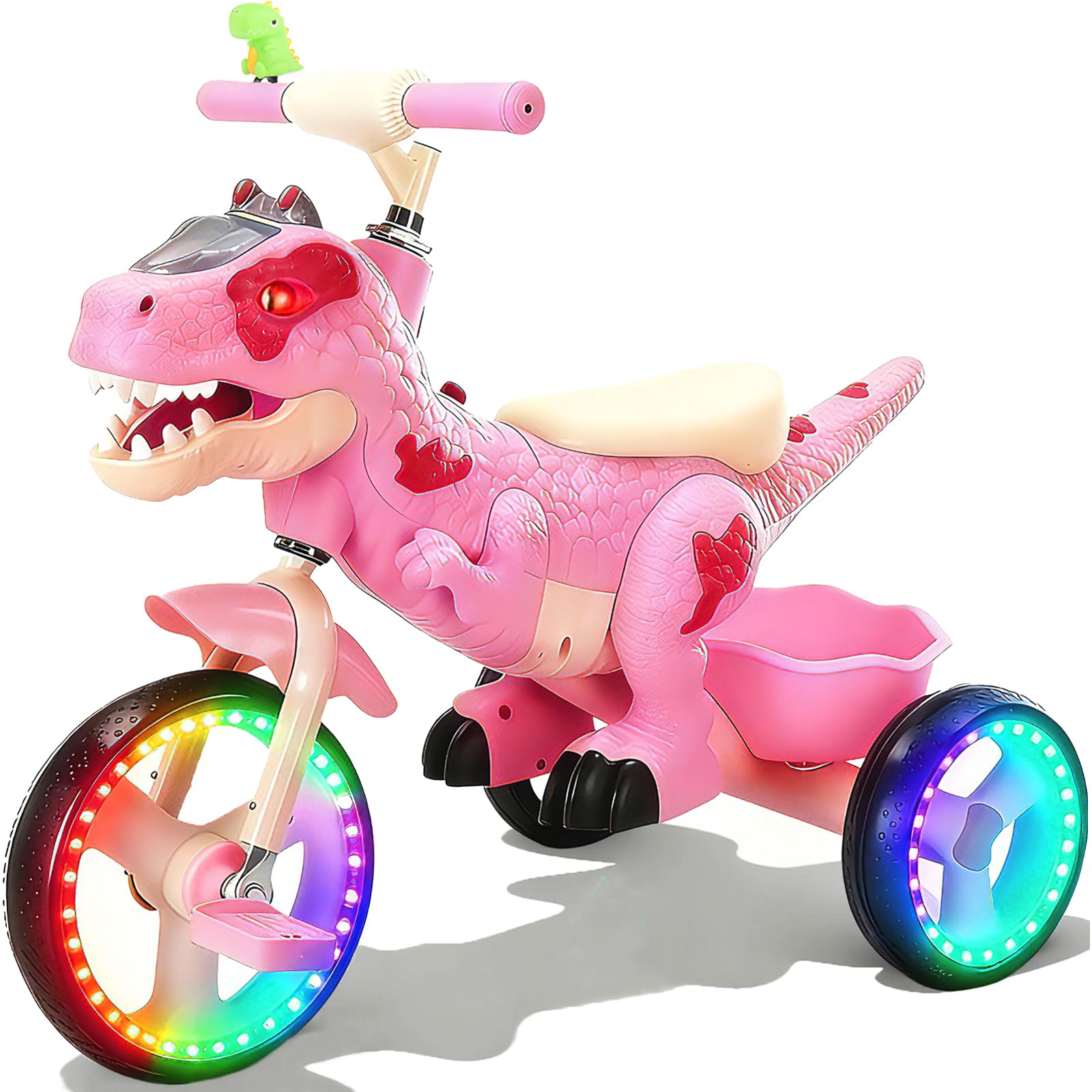 NMM Dinosaur Kids Tricycle, Kids Trike with Music, LED, Tricycle for Kid Age 2, 3, 4, 5, 6, Storage Basket, Horn, Dinosaur Toys for Boys & Girls, for Kid-Pink — image 1