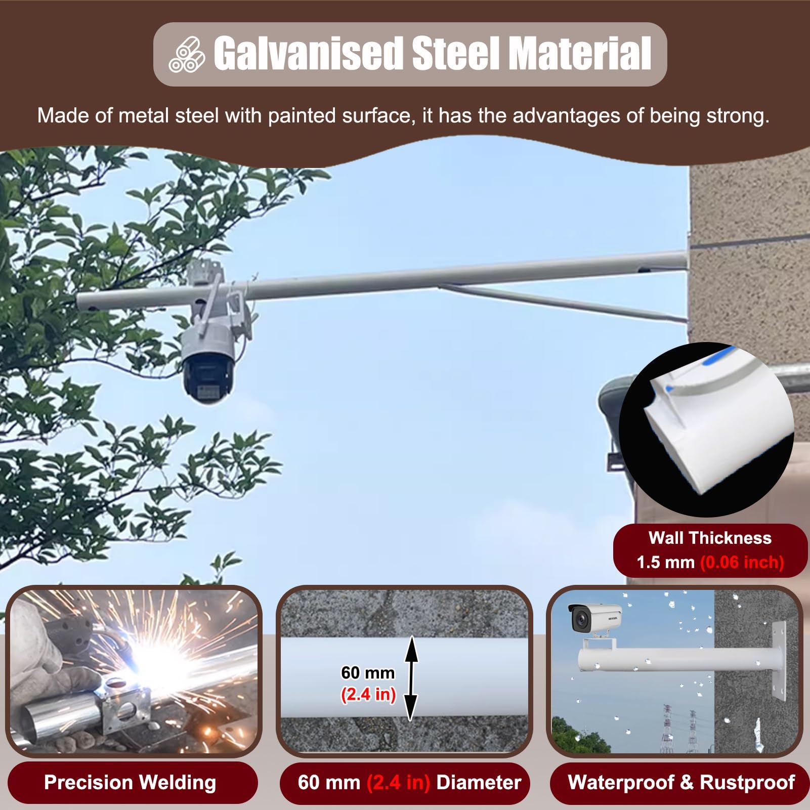 Poste de vigilancia para cámara, Soporte de Pared Extensible para cámara de Seguridad Exterior - Soporte Universal Ajustable de 1,2 m, 1,5 m y 2 m para cámaras de vigilancia - Diseño telescó