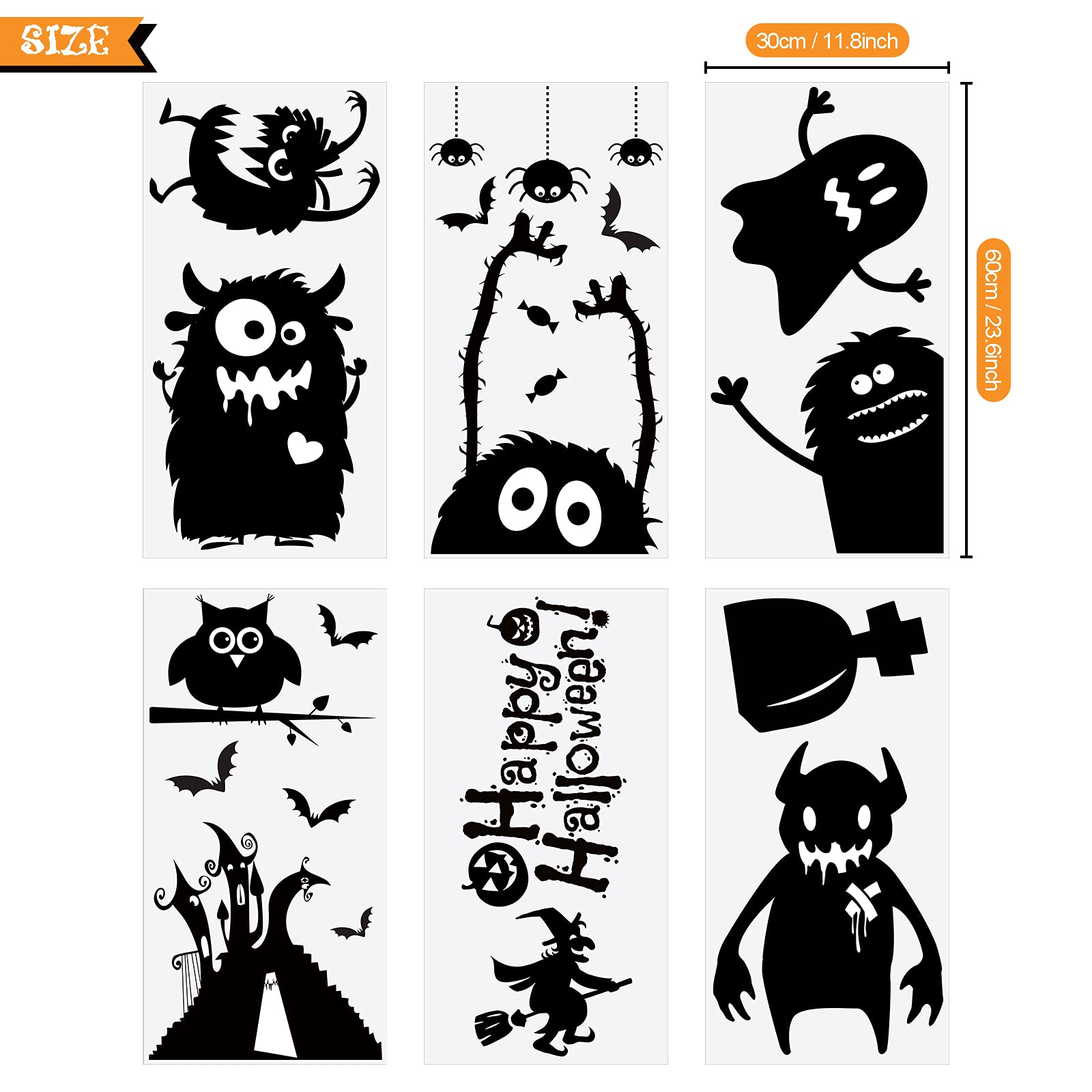 Outus Giant Halloween Window Clings Removable Bats Owls Ghost Monster Reusable Window Decals Walls Stickers for Halloween Party Decoration Supplies Home Glass Decor