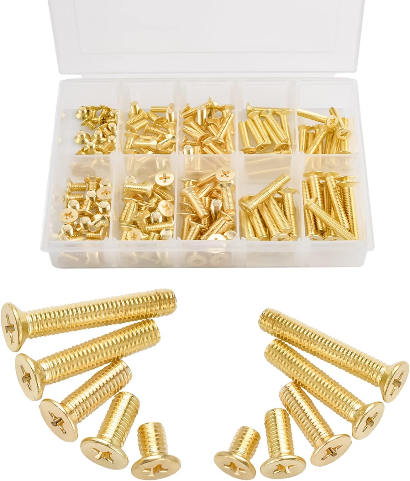 INCREWAY Machine Screws, 160 Pcs M4 M5 10 Sizes Brass Flat-Head Bolts Phillips Drive Machine Screws Assortment Kit