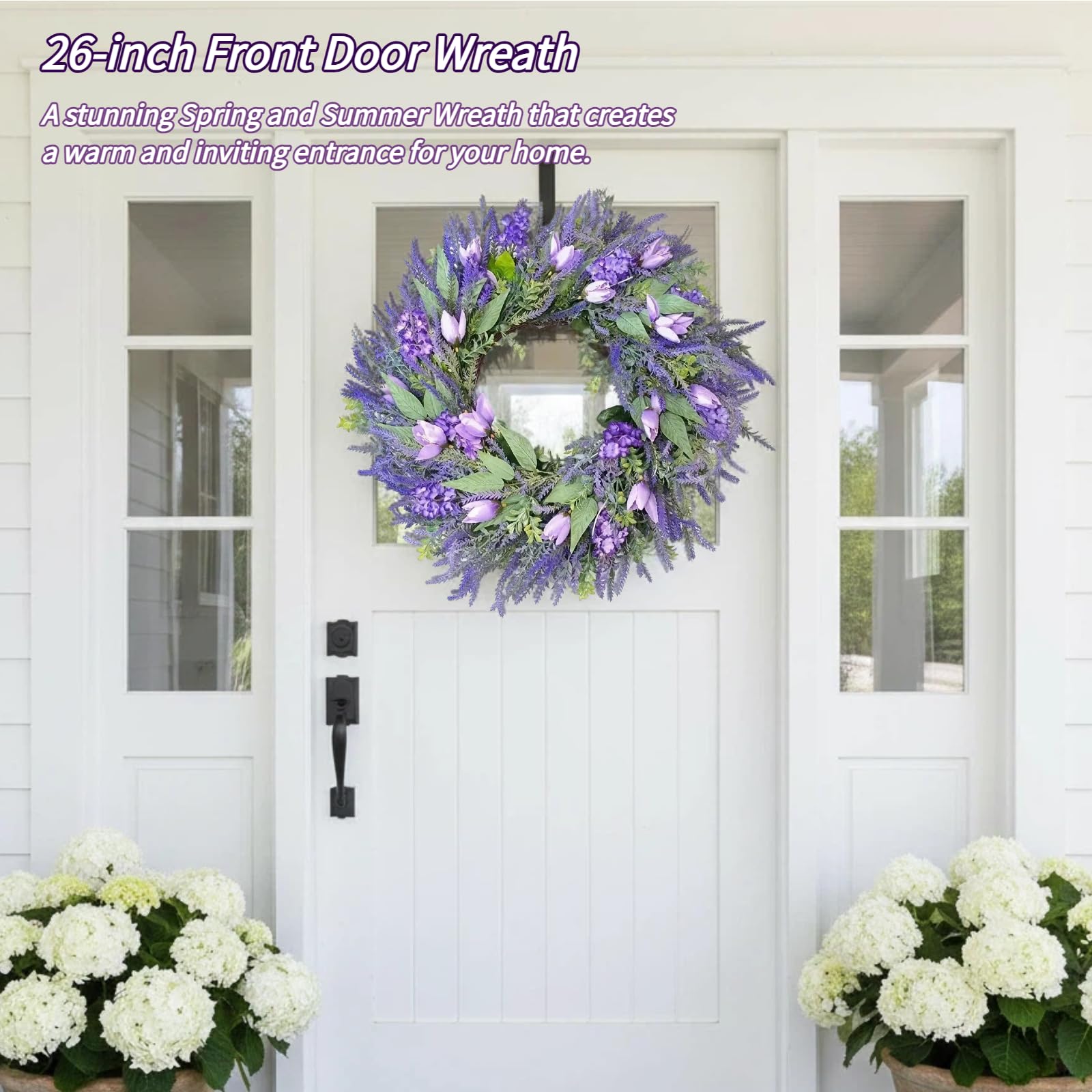 Lavendelkranz Künstlich 66cm für Haustür - Frühlingskranz Türkranz Lila Tulpen & Lavendel - Wandkranz Frühling Sommer Deko für Außen & Innen - Bauernhaus Wanddekoration