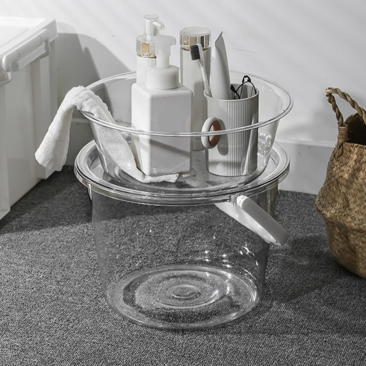 SECFOU Cubo Plástico Resistente y Ligero de Limpieza Transparente Tapa y Asa para Lavar Ropa y Remojar Pies Hogar