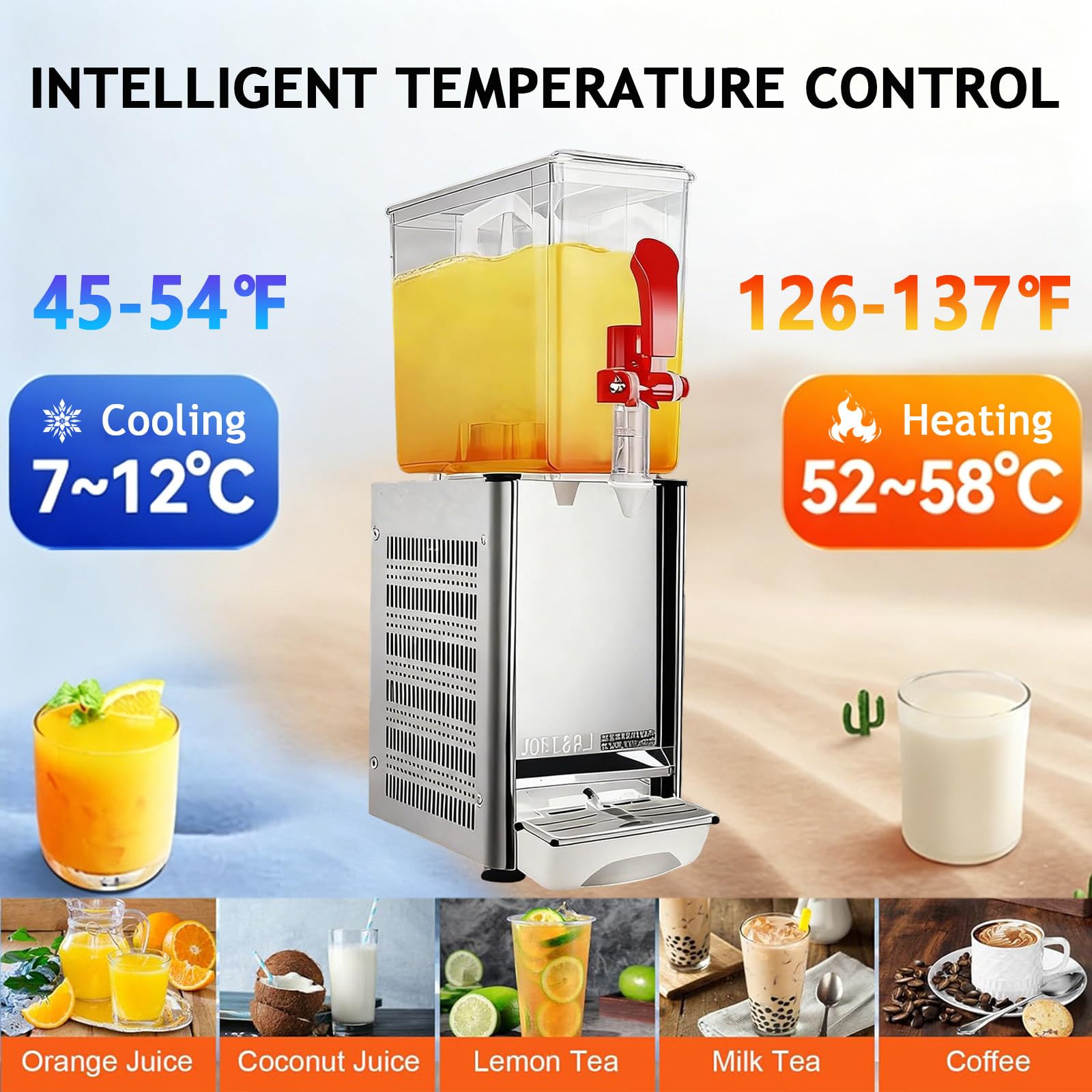 Distributore commerciale di succhi con termostato, dispenser per bevande in acciaio inox, per caffè, ristorante, bar, tè freddo e bevande fredde, 5 galloni