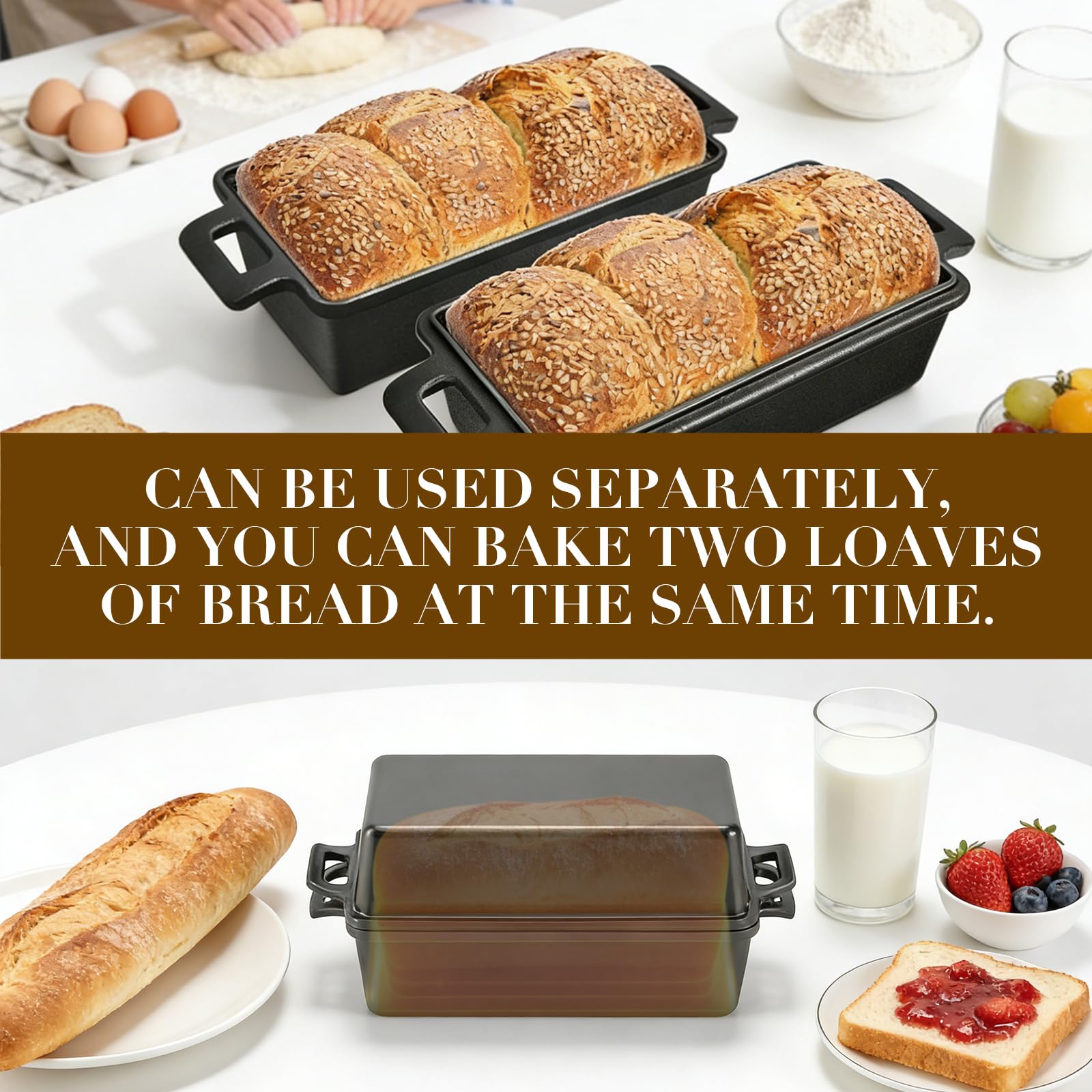 Molde de Hierro Fundido para Pan con Tapa, Molde Pan de Molde Pesado Incl. 2 Alfombrillas Antiadherentes (56x15 cm), Perfecto para Masa Madre & Pan de Horno, Molde Pan Ideal para Hornear