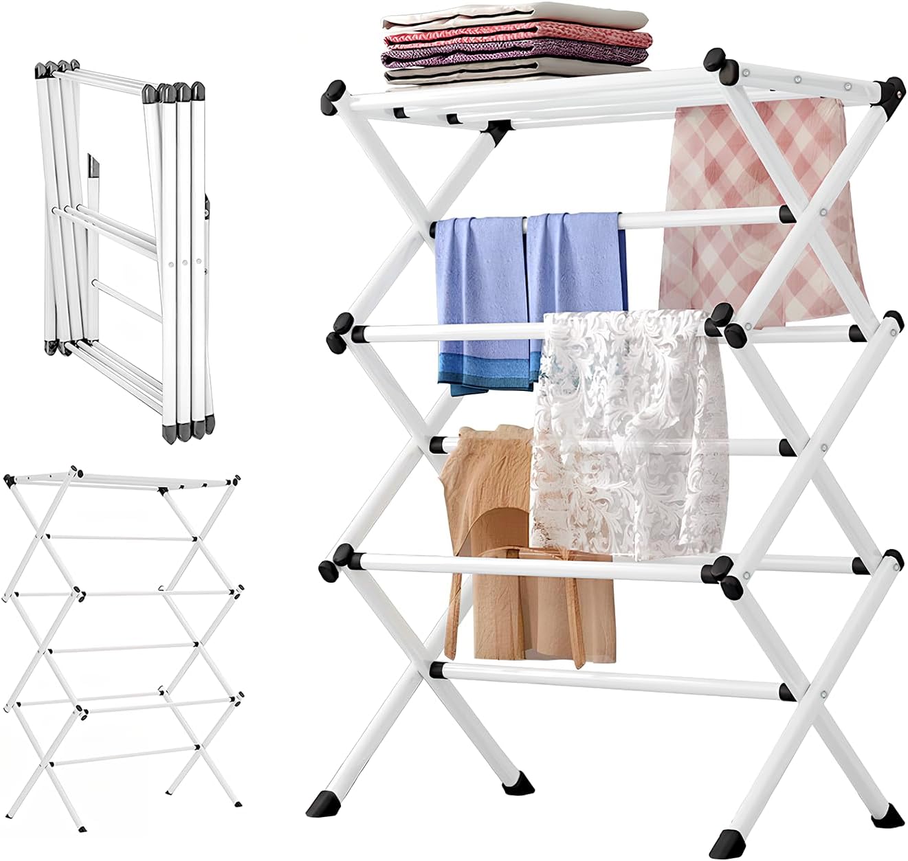 3 Tier Foldable Clothes Drying Rack, Expandable Airer With 11 Thickened Poles, Space Saving Indoor Outdoor Dryer, Compact Horse - White