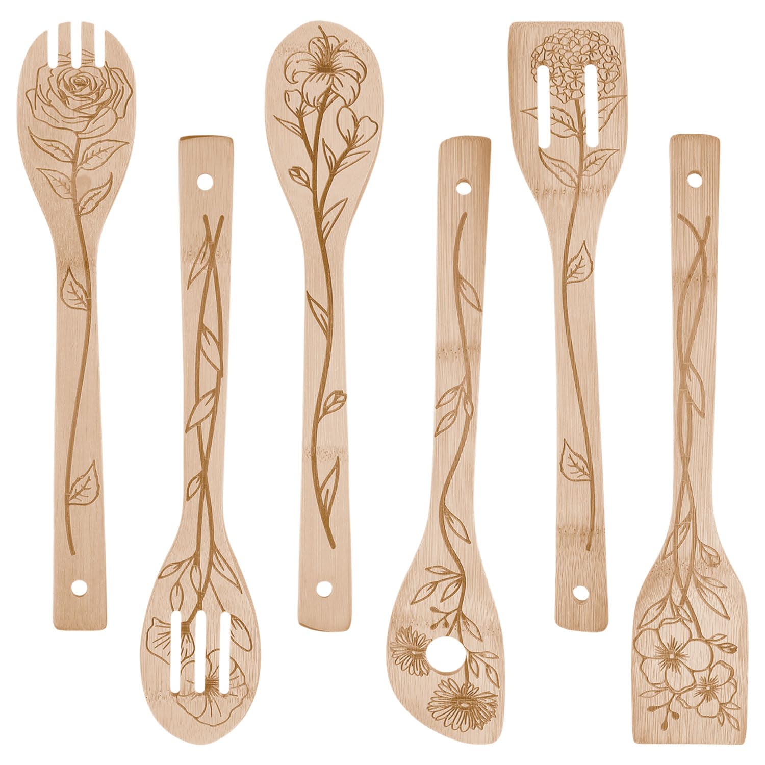 Cuillères de cuisine en bambou GLOBLELAND ustensiles en bois motif floral