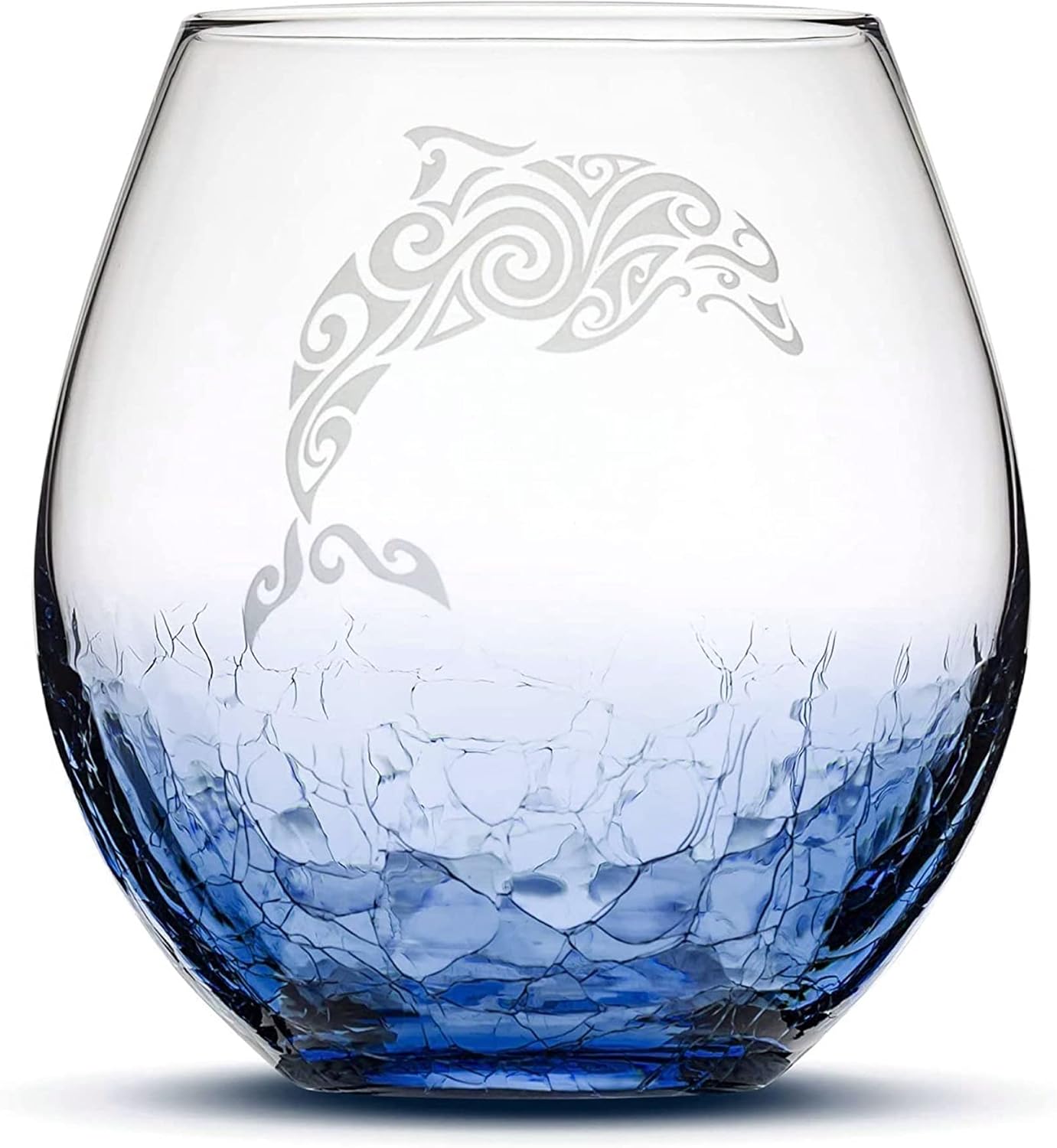 Integrity Bottles Tribal Dolphin Design Stemless Wine Glass, Handmade, Handblown, Hand Etched Gifts, Sand Carved, 18oz (Crackle Blue)