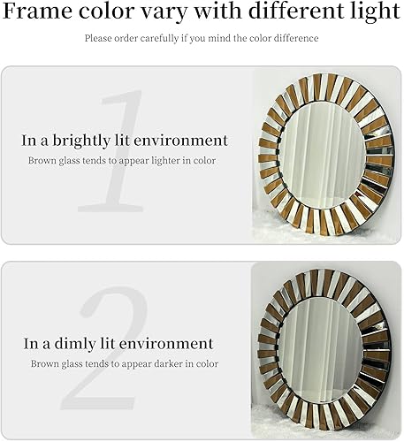 Miniatura 7 de Espejo de pared redondo decorativo con borde de cristal marrón plateado y plateado, 32 pulgadas