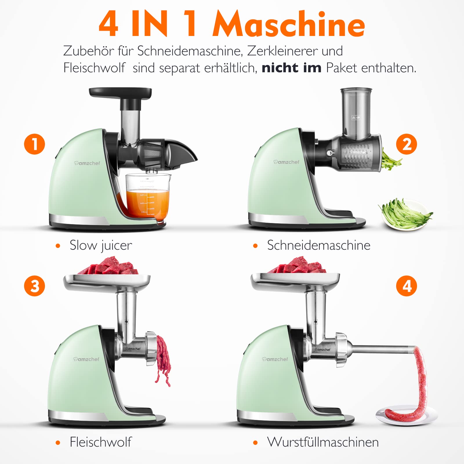 AMZCHEF Entsafter Slow Juicer mit Rückwärts-Kau-Funktion, elektrisch, grün