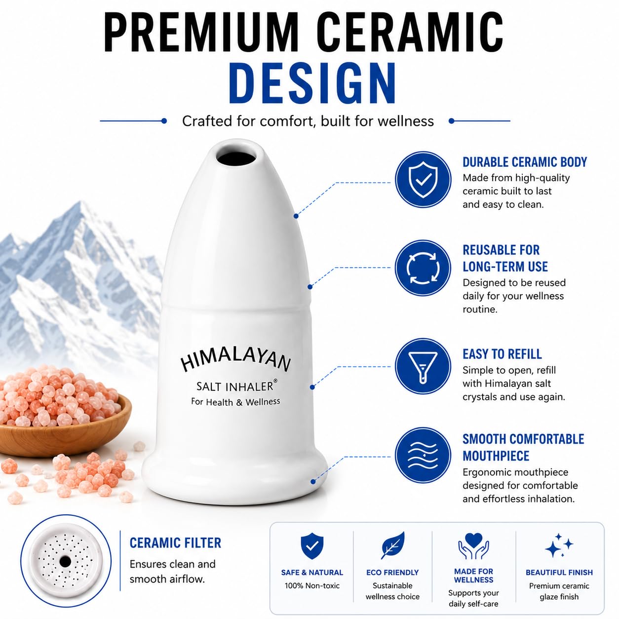 YSCARE Inalatore manuale in ceramica con sale himalayano, riempito con sale himalayano puro al 100% – per un'igiene e una salute ottimali, con 100 grammi di sale in omaggio. (3) (1)