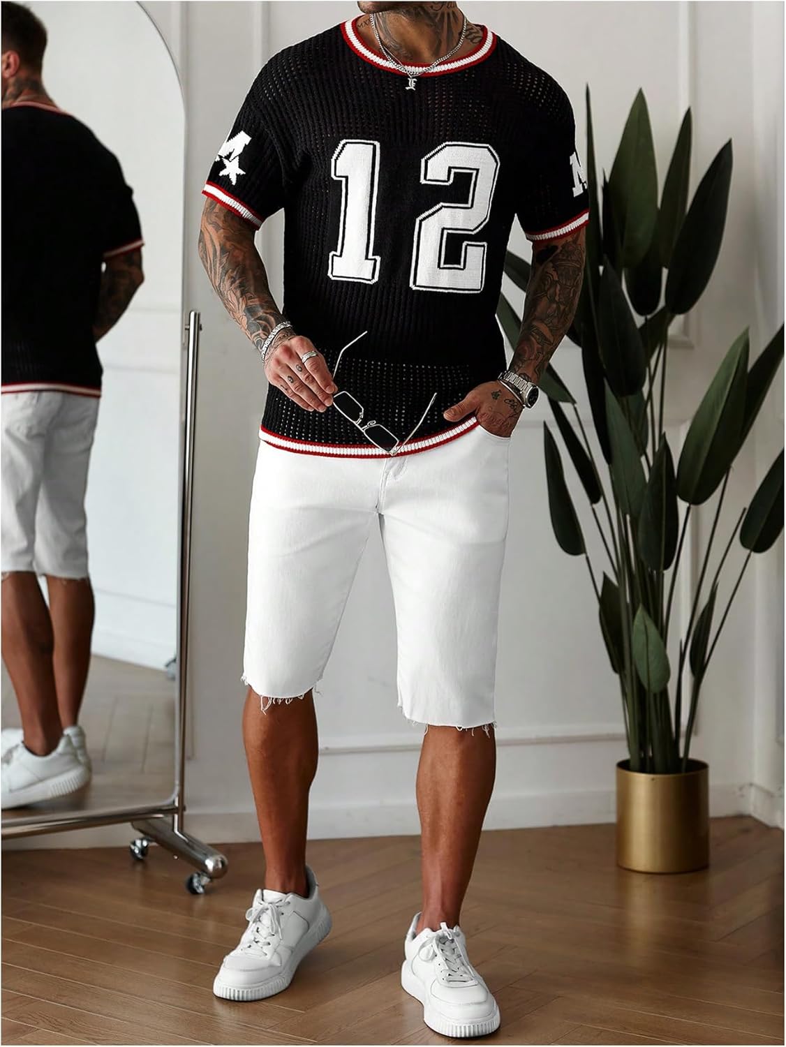 Men's Number Graphic Sweater Hollow Out Crew Neck Short Sleeve Crochet Knit Pullover Jersey Tops - Image 5