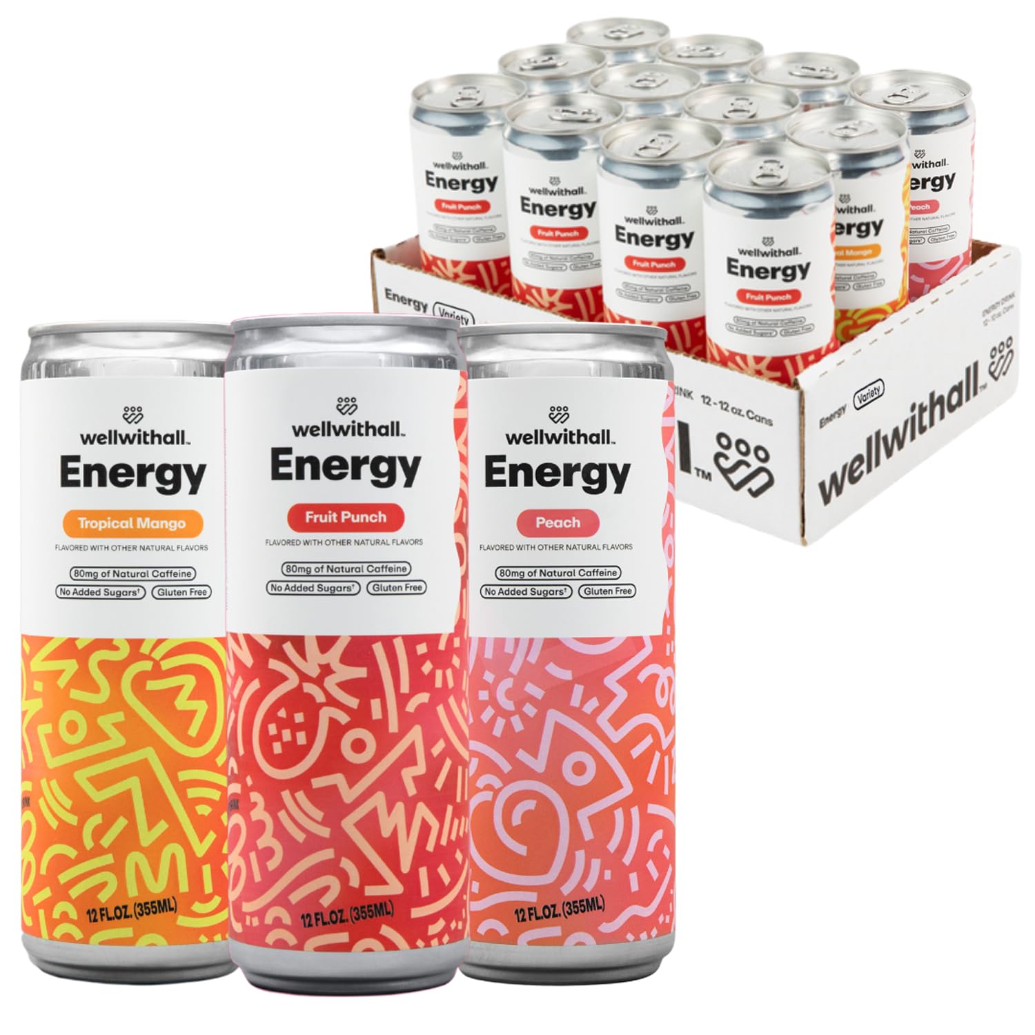 WellWithAll Energy Drink Variety Pack  Fruit Punch, Tropical Mango, and Peach Flavors  Caffeine from Tea  With Vitamin C  Lightly Sparkling Beverage  Fruit & Veggie Juice Blend  12 Oz (Pack of 12  4 Cans of Each Flavor ) 3-Flavor Variety Pack: