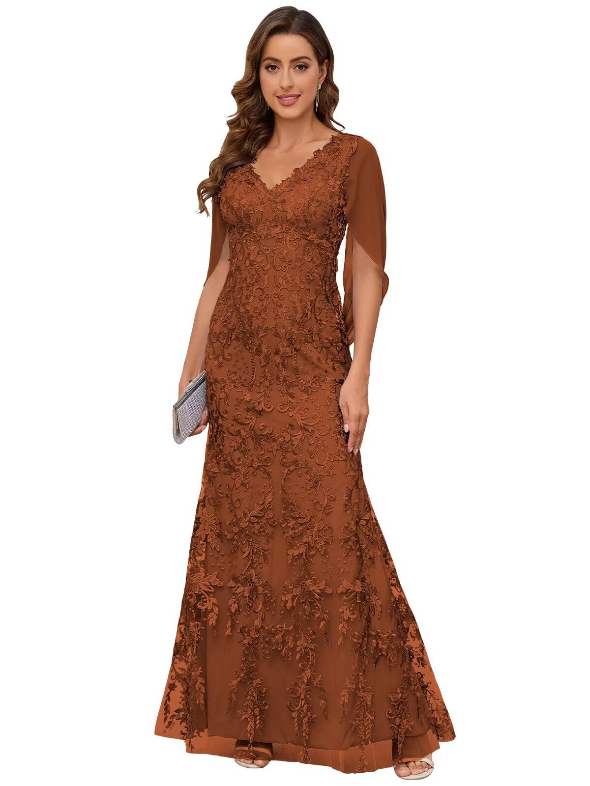 VCCICANY Lace Mermaid Mother of The Bride Dresses for Wedding V Neck Long Formal Evening Gown with Cape Sleeves