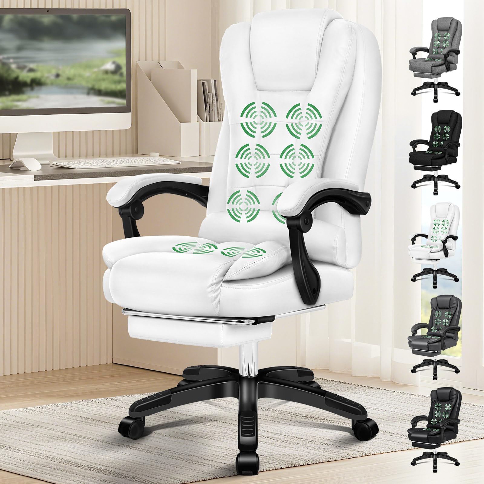 ELFORDSON Executive Office Chair with 8-Point Massage & Seat Heated, Home PC Gaming Chairs with Footrest, High Back 150° Reclining Executive Desk Chair with Padded Armrest, PU Leather, White