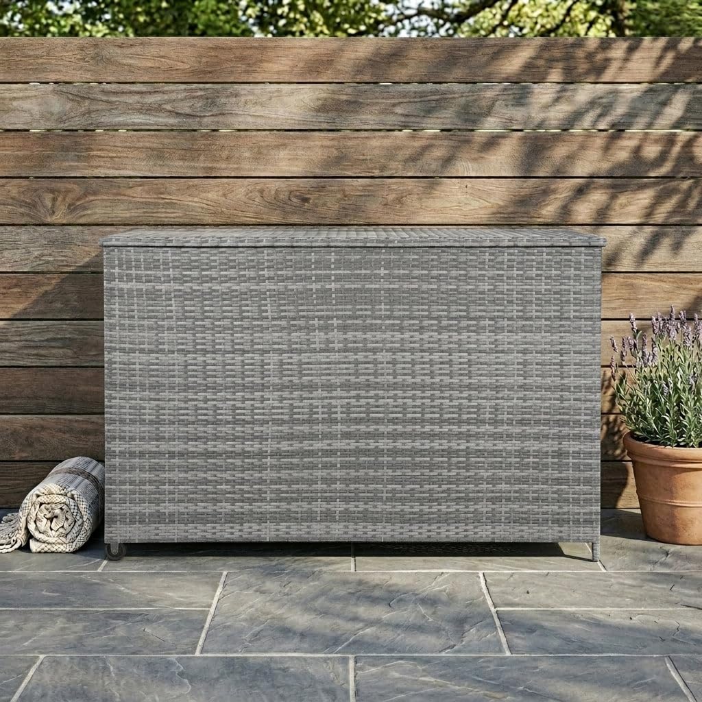 Box Contenitore Rattan Giardino 996L Grigio Rivestimento Impermeabile con Zip Baule Grande per Cuscini Coperte Attrezzi Giochi Telaio Acciaio Resistente Agenti Atmosferici Coperchio Pistoni Gas Ruote