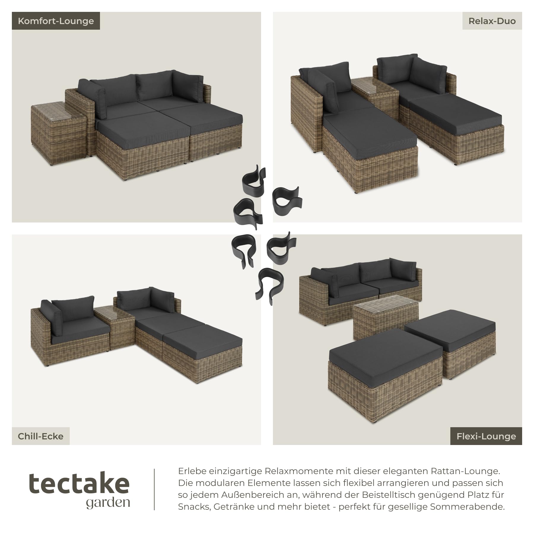 tectake® Luxus Rattan Lounge Set Outdoor, modulares Sofa mit Couch Tisch und Hocker, Balkon Möbel, Garten, Terrasse, Aluminium Gartenmöbel Set wetterfest, Balkon Lounge, Gartenlounge - Natur