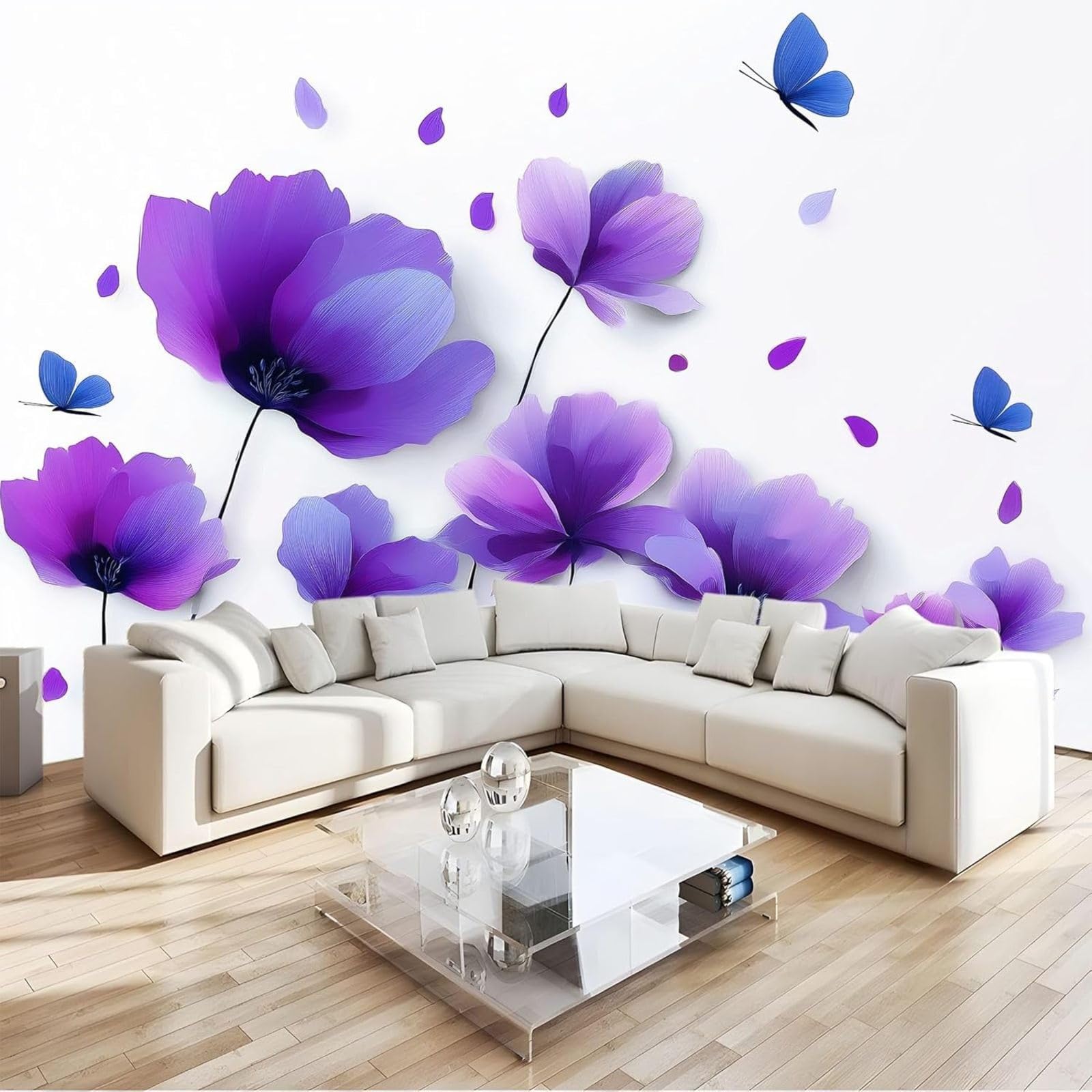 hgjdjhnf Purple Floral Wallpaper 3D Photo Wallpaper Wall Decor Wallpaper Wallcovering Decoration Study Room Living Room Restaurant Cafe Decor, White, 350cm x 256cm