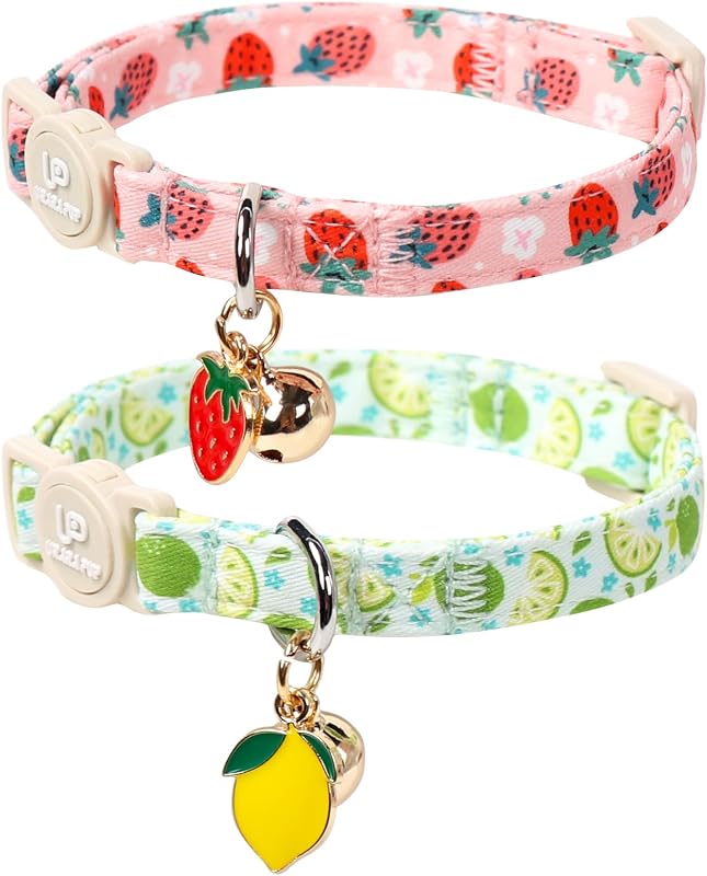 Coleira para Gatos de Algodão com Fivela Breakaway e Guizo, Estampas de Limão e Pêssego, UP URARA PUP, Pacote com 2