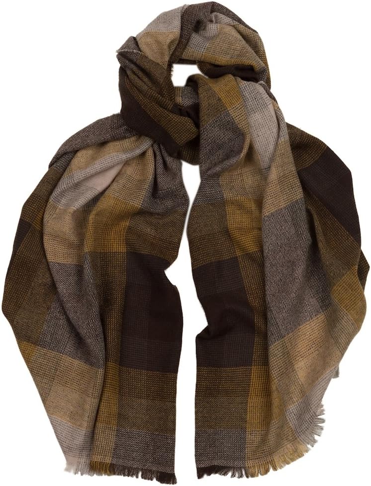 Hogarth Men?s Linear Fading Check Cashmere Scarf Amber Brown