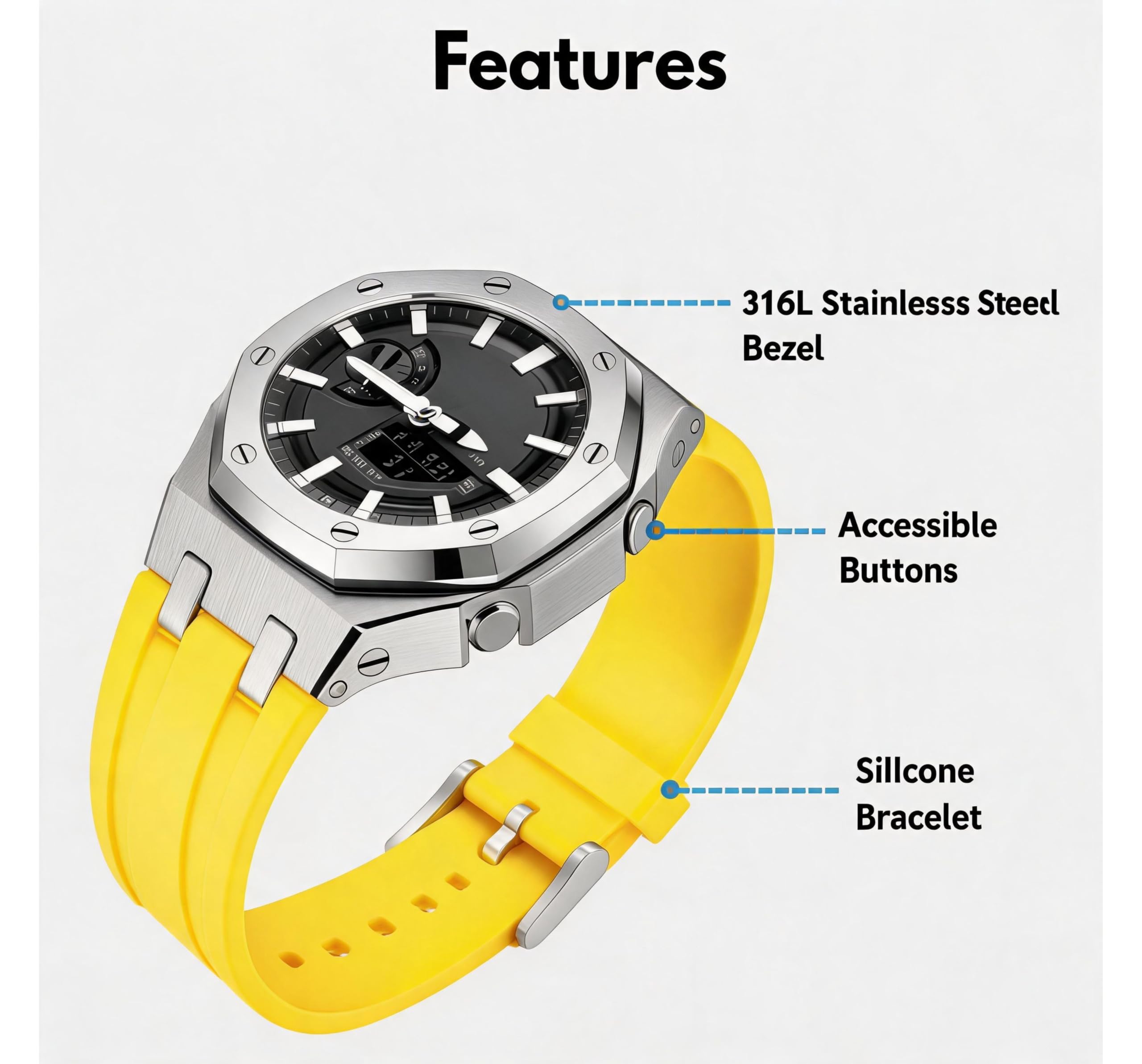 Ricambio Cinturino Silicone con Ghiera Acciaio Inox 316L compatibile con Casio G-Shock GA-2100 / GA-2110 | Giallo
