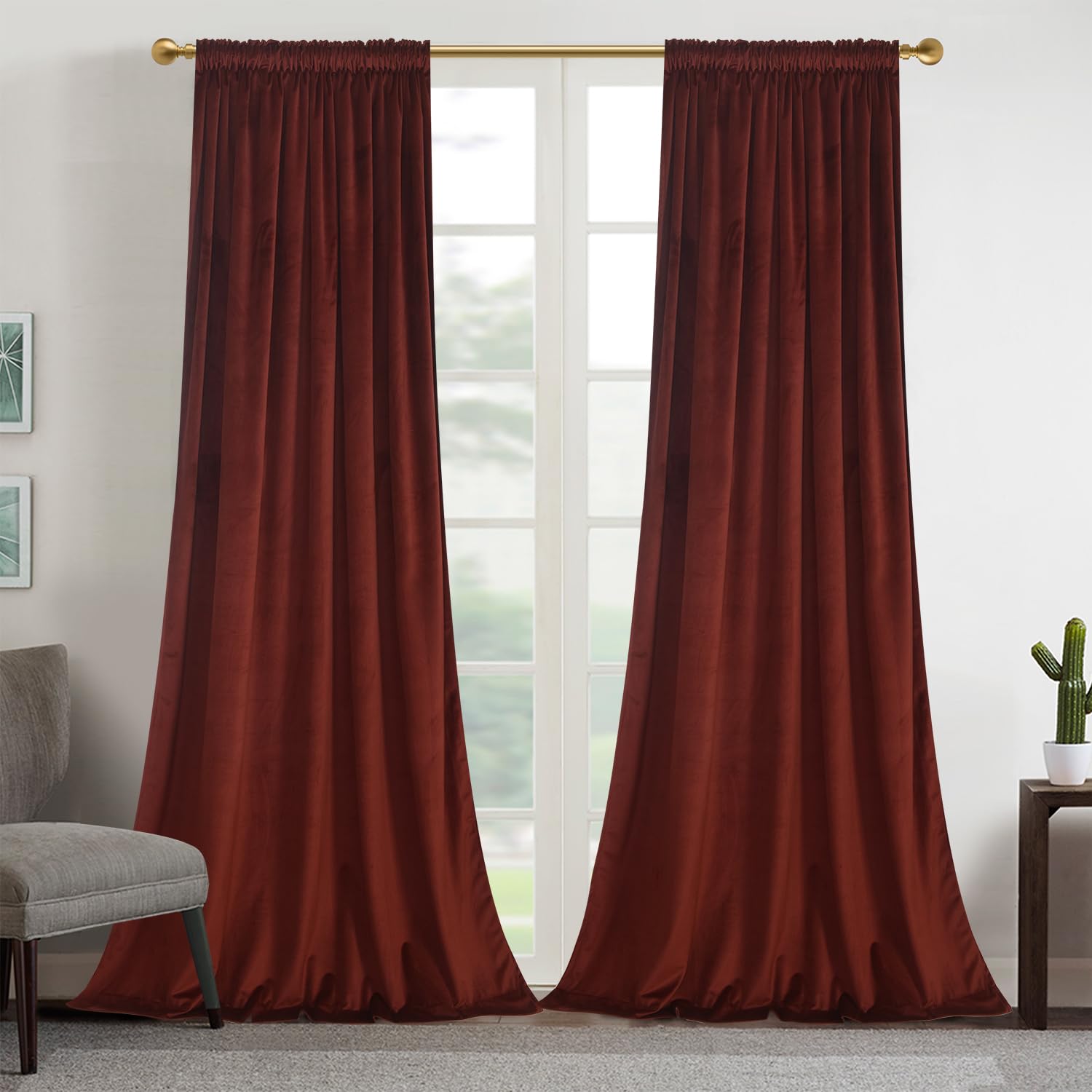Roslynwood Burnt Ochre Rod Pocket Pleated Curtains Velvet Curtains Blackout Curtains Thermal Insulated Curtains Room Darkening Window Drapes for Living Room Bedroom, 2 Panels 84 Inch