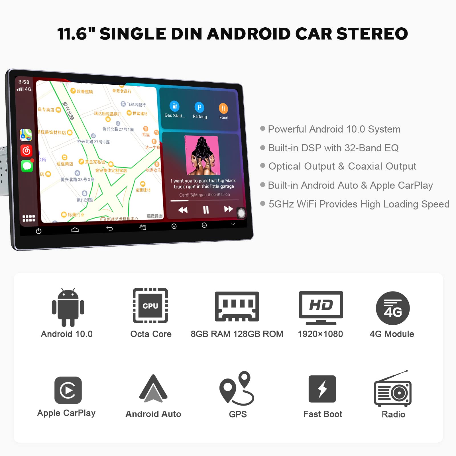 JOYING Navigation Car Stereo 11.6 Inch Octa Core Single Din Android