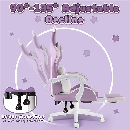 Miniatura 6 de PUKAMI Silla de Juego Linda con Orejas de Gato, Silla de Computadora Ergonómica para Niña con Reposapiés y Reposacabezas, Silla de Juego de PC