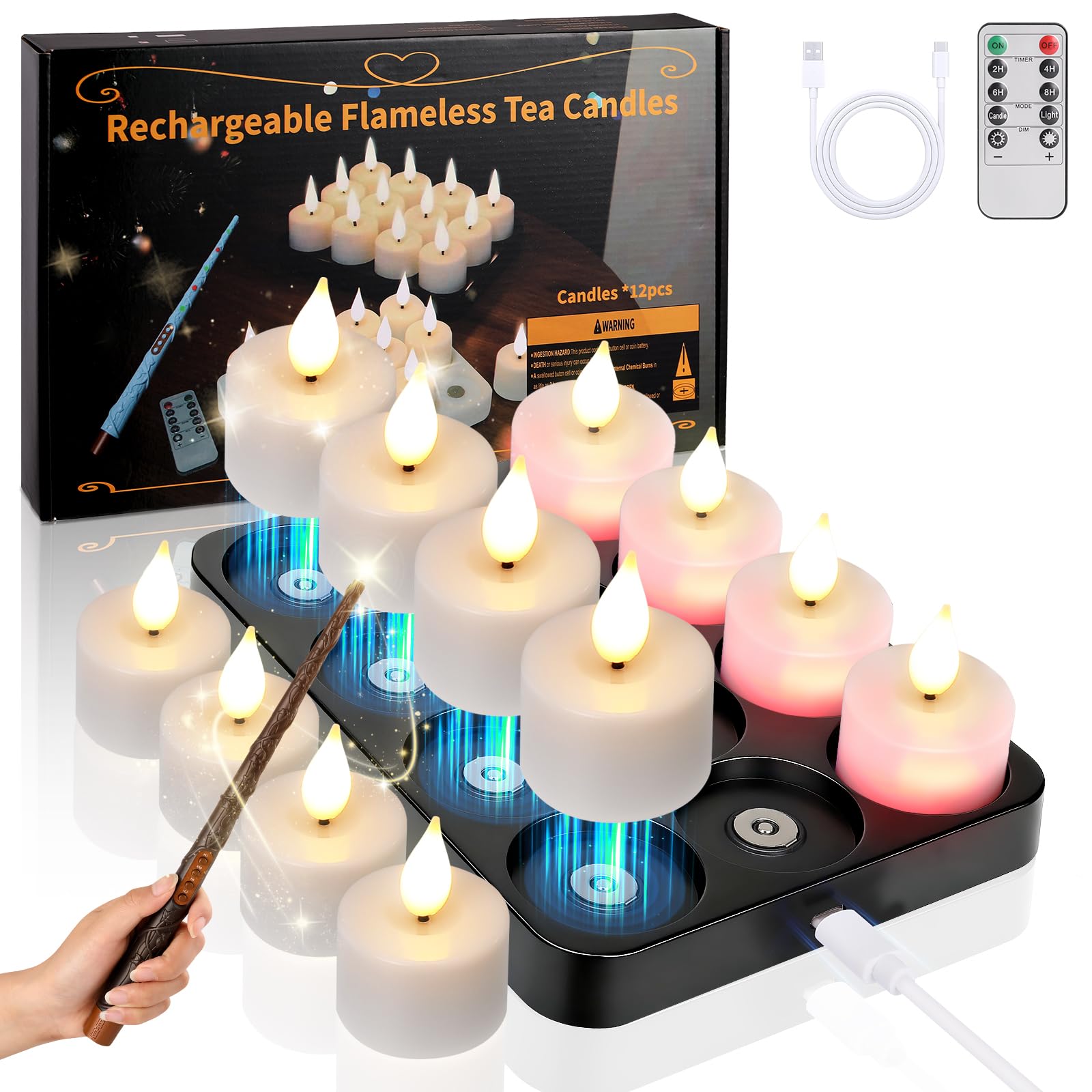 KIKILIVE led teelichter Flammenlose kerzen aufladbar mit Zauberstab fernbedienung timer,12pcs aufladbare teelichter mit ladestation für Zimmer Wohnzimmer Halloween Kürbis Weihnachten Party Deko