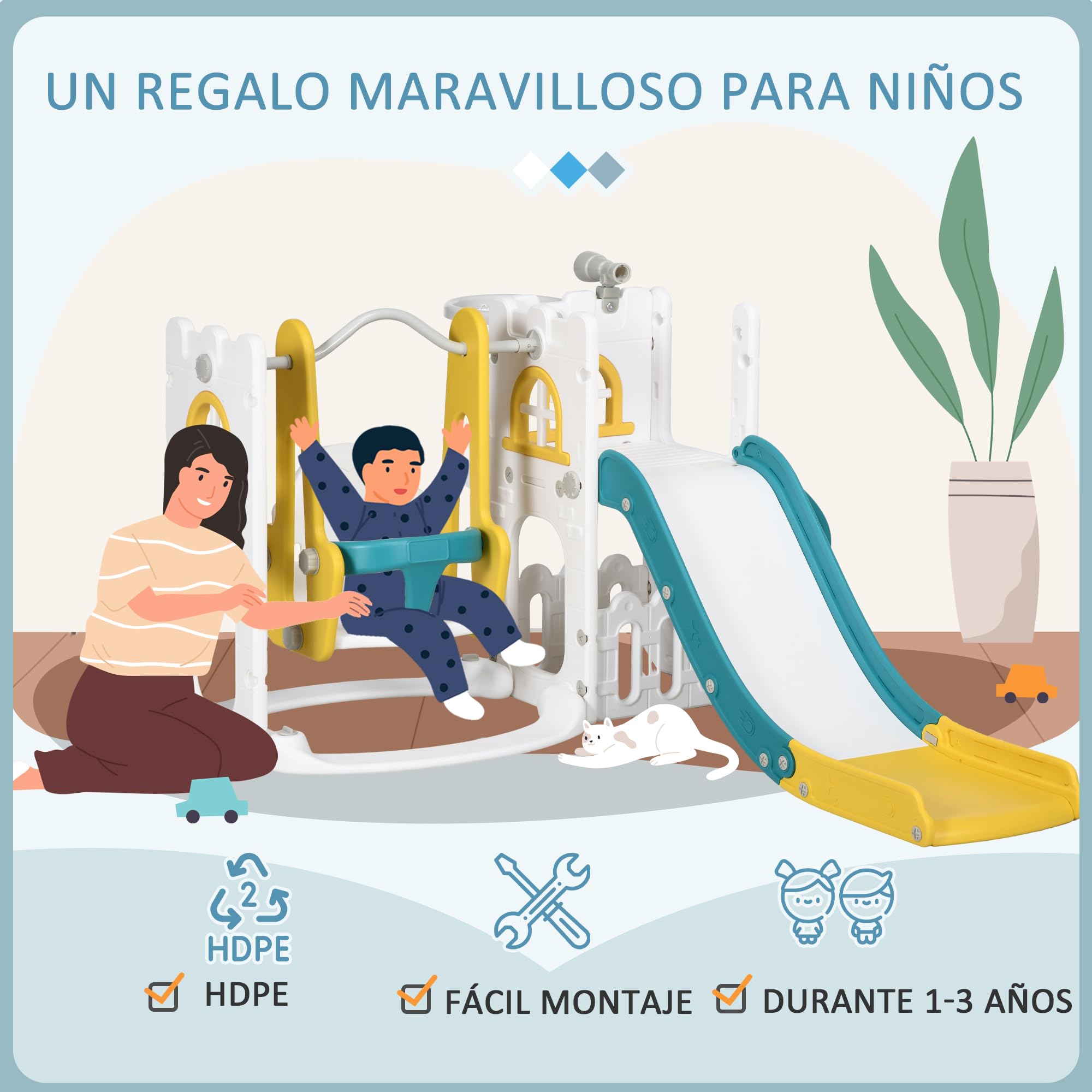 AIYAPLAY Tobogán Infantil 6 en 1 Parque Infantil con Columpio y Tobogán Telescopio Aro de Baloncesto Espacio de Almacenamiento para Interior Multicolor