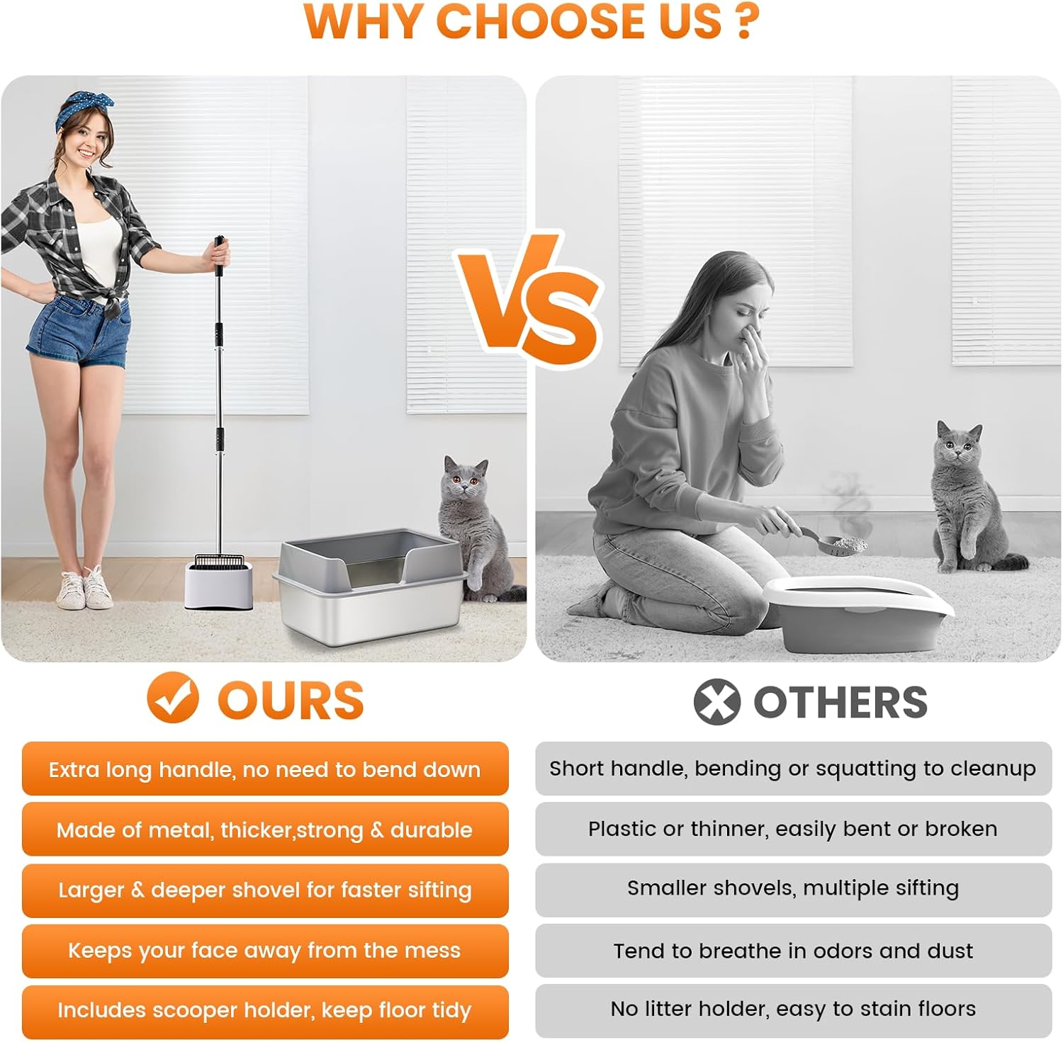 Cat Litter Scoop with Holder 43" Metal Litter Scooper with Stainless Steel Long Handle, Large Kitty Box Scooper Heavy Duty Deep Shovel for Fast Sifting, Dog Waste Scooops for Outside Pet Poop