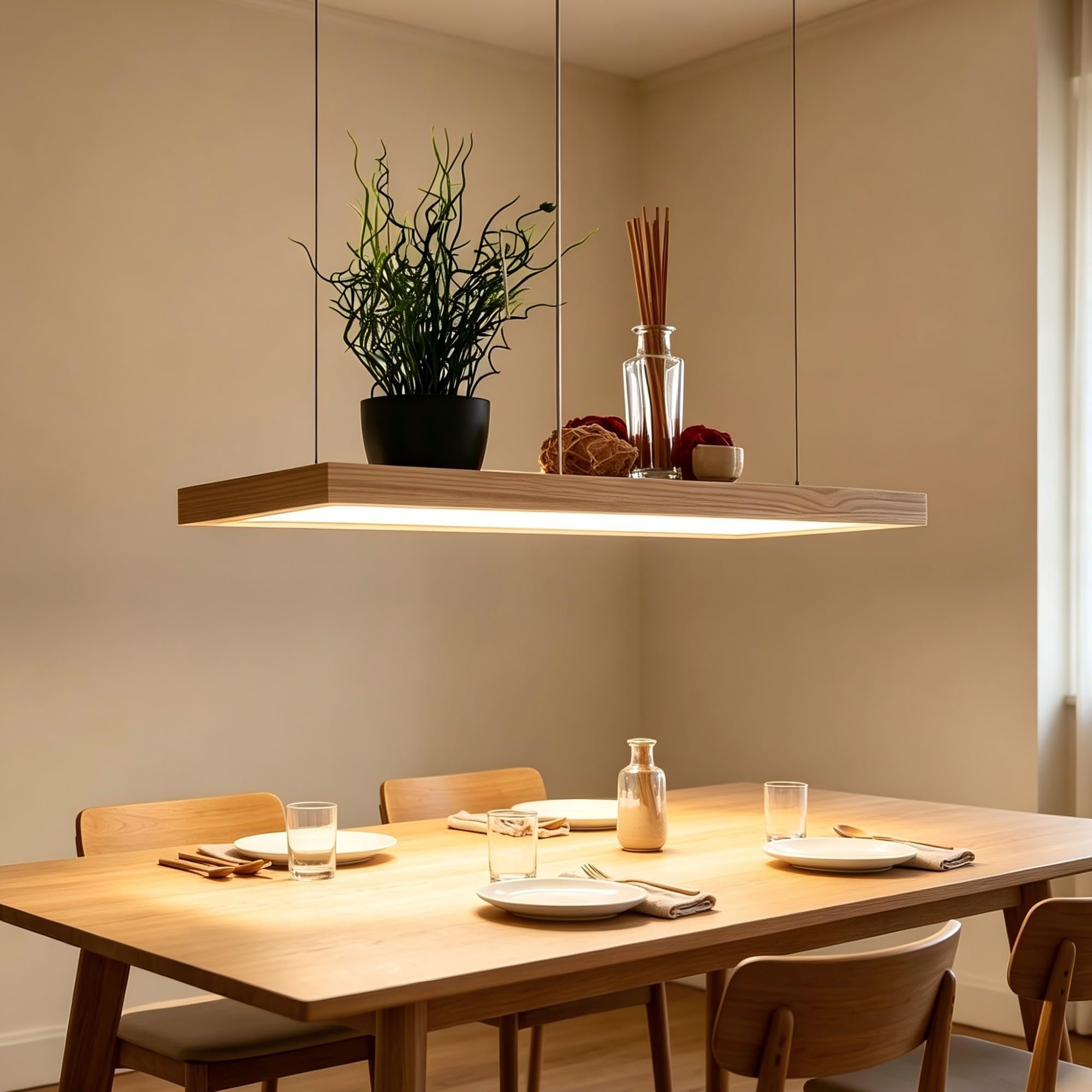 Lampada a sospensione a LED per tavolo da pranzo, in legno, rustico, dimmerabile, 48 W, con telecomando, regolabile in altezza, moderna lampada a sospensione in resina, per cucina, lampadario