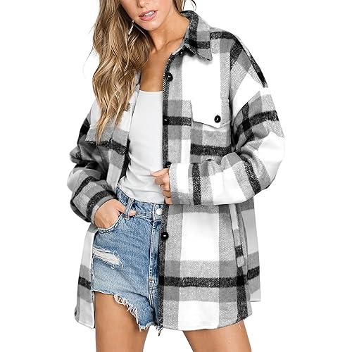 Beaully Women's Flannel Plaid Shacket 2025 Fall Outfits Long Sleeve Button Down Shirts Jacket Coats with Side Pockets