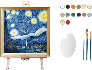 LONG QUAN CELADON Artist Van Gogh Starry Night 3D Paint by Numbers for Adults – DIY Painting Kit with Frame, Textured Canvas Art Set, Stress Relief Hobby & Gift for Women