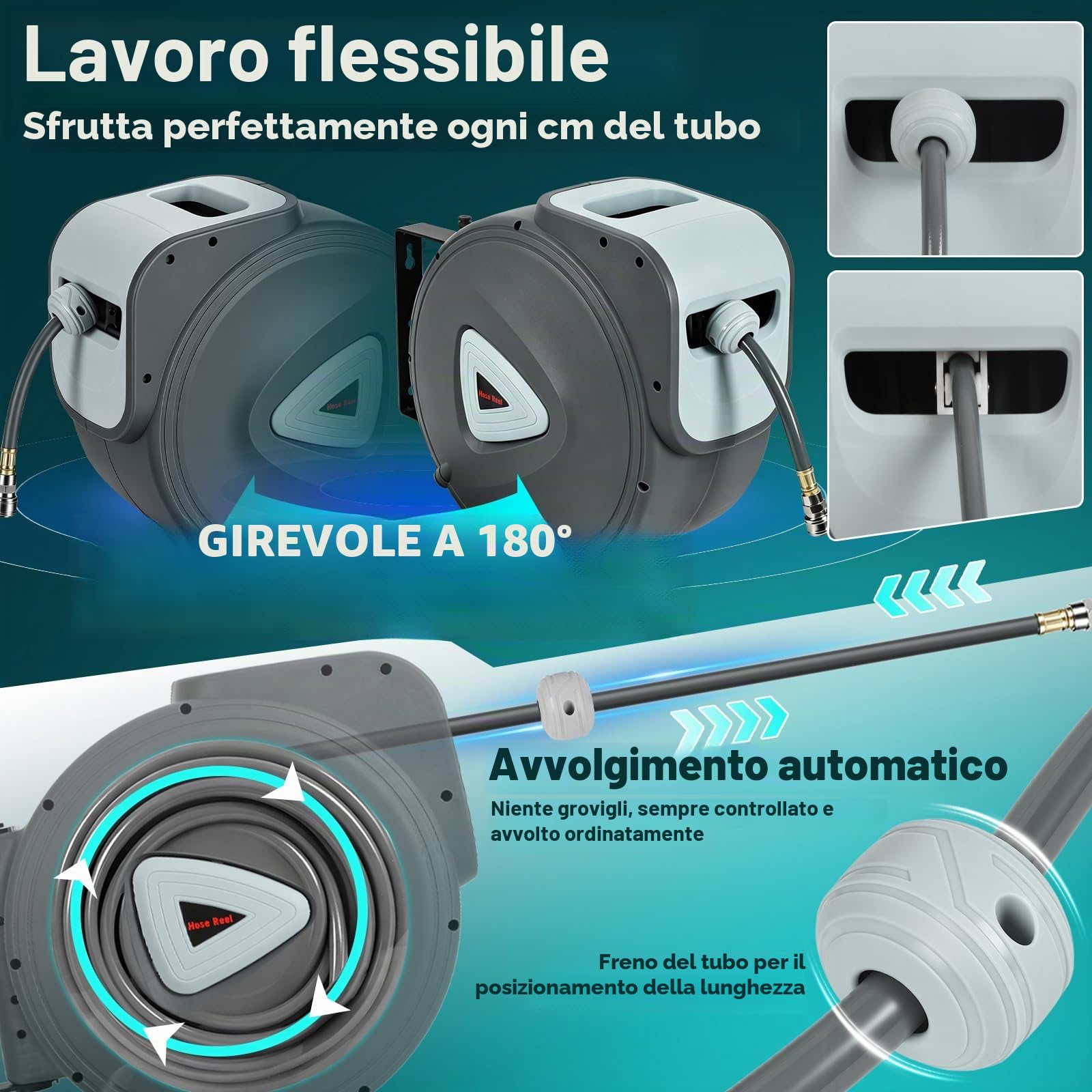 Tubo per aria compressa, 30 m, avvolgitubo automatico, avvolgitubo ad aria compressa, attacco rapido 1/4", montaggio a parete per compressore officina