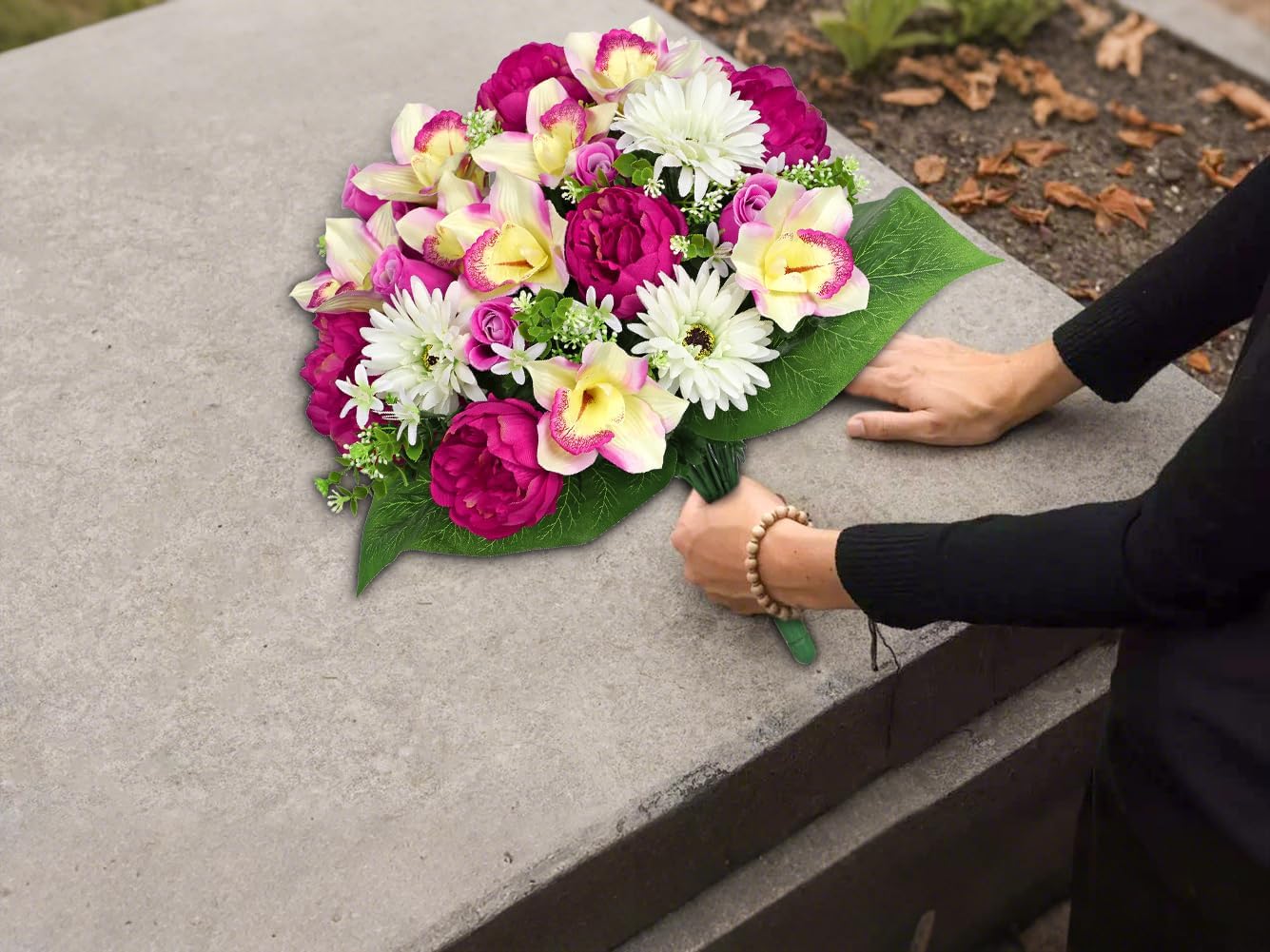 Briful Artificial Flowers for Cemetery, Cemetery Flowers for Grave, Weather Resistant Cemetery Flowers for Vase, Large Sympathy Grave Floral Arrangement with Rose Chrysanthemums