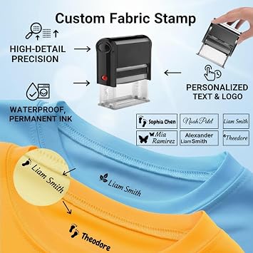Personalized Custom Name Stamp for Clothing & Fabric, Self-Inking Customized Logo Text Stamp, Water-Resistant Permanent Ink for Kids, Elderly & Small Business (Rectangle)