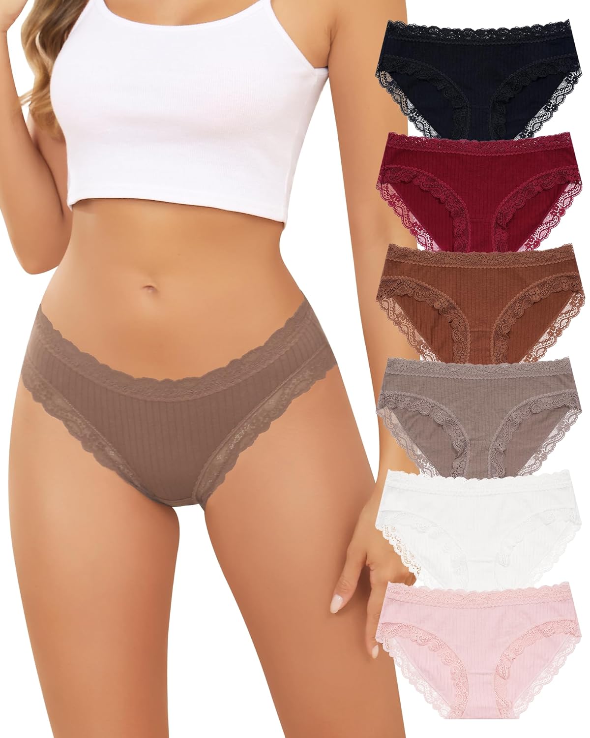 LEVAO Cotton Underwear for Women Lace Cheeky Bikini Panties Full Coverage Soft Stretch Hipster Ladies Briefs 6 Pack