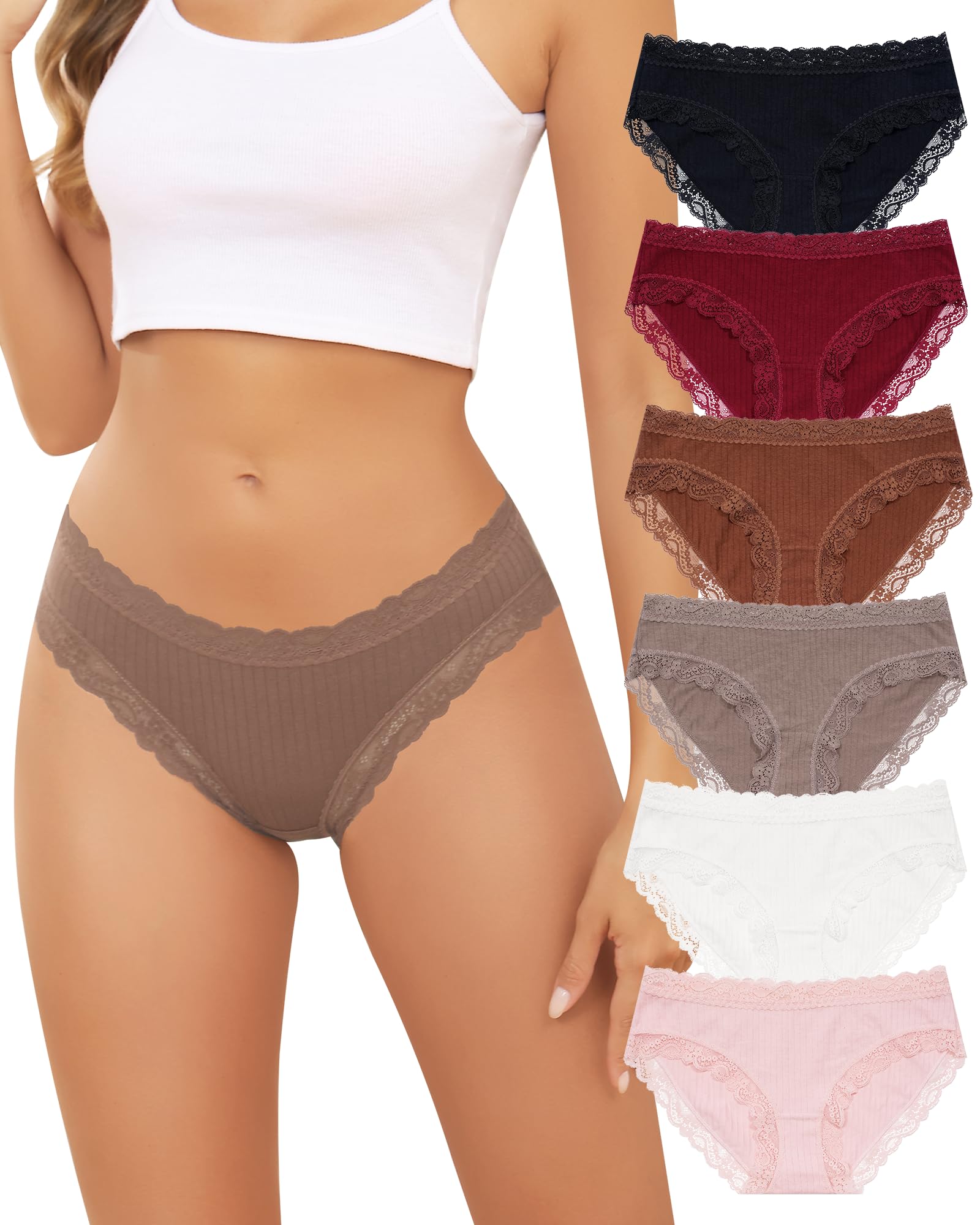 LEVAO Cotton Underwear for Women Lace Cheeky Bikini Panties Full Coverage Soft Stretch Hipster Ladies Briefs 6 Pack